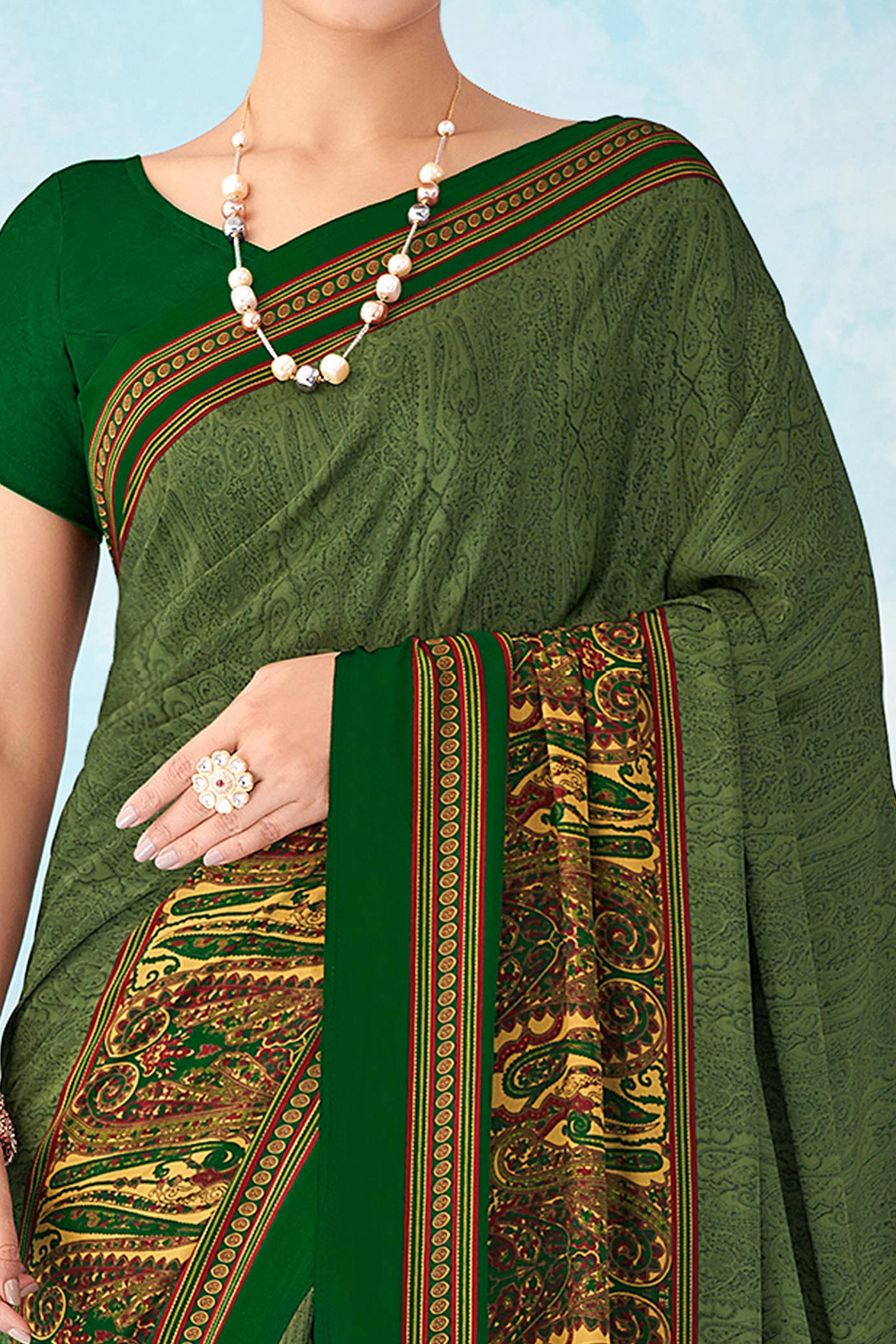 Lightweight Green Paisley Printed Saree in Luxurious Silk Crepe
