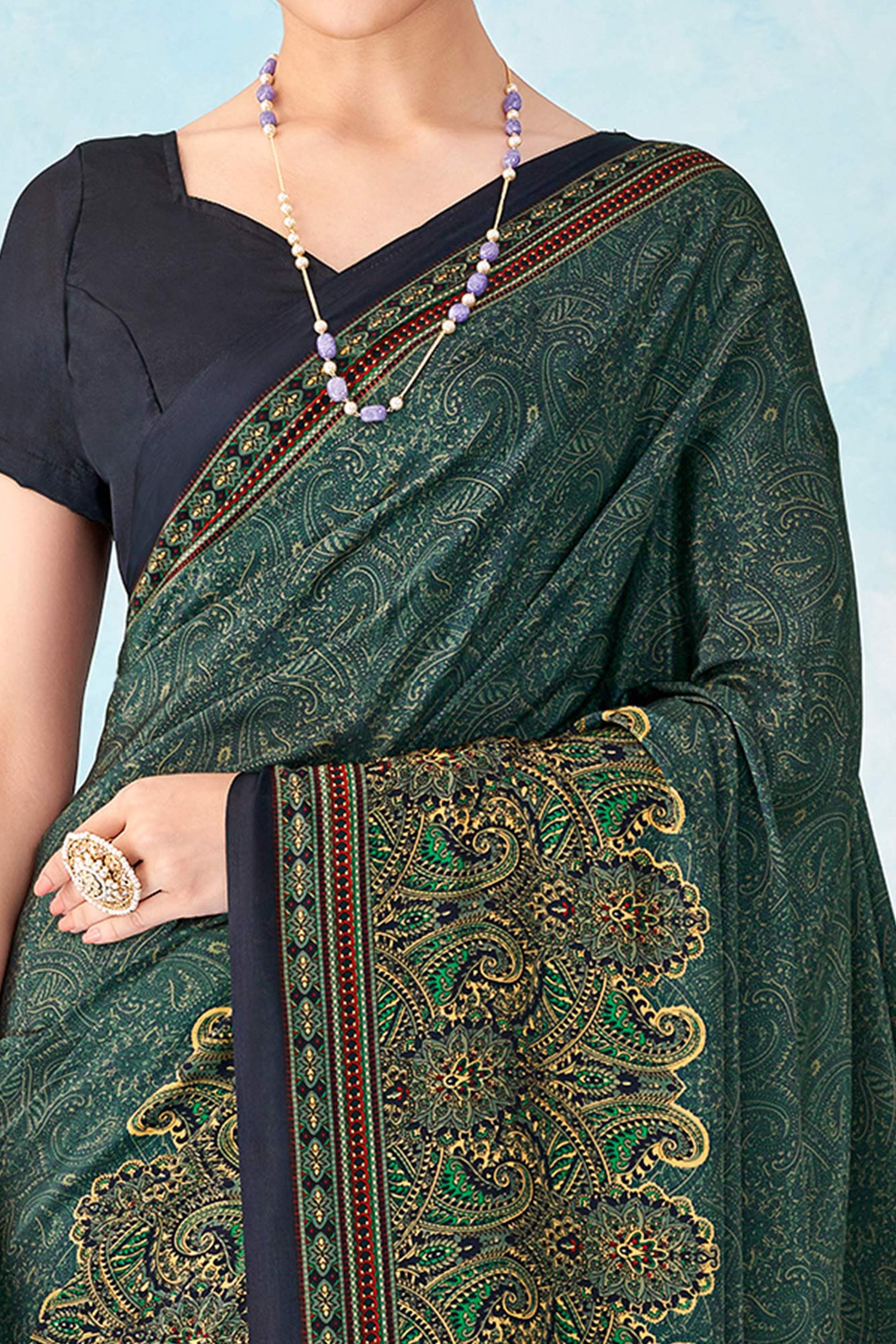 Lightweight Greyish Blue Paisley Printed Saree in Luxurious Silk Crepe