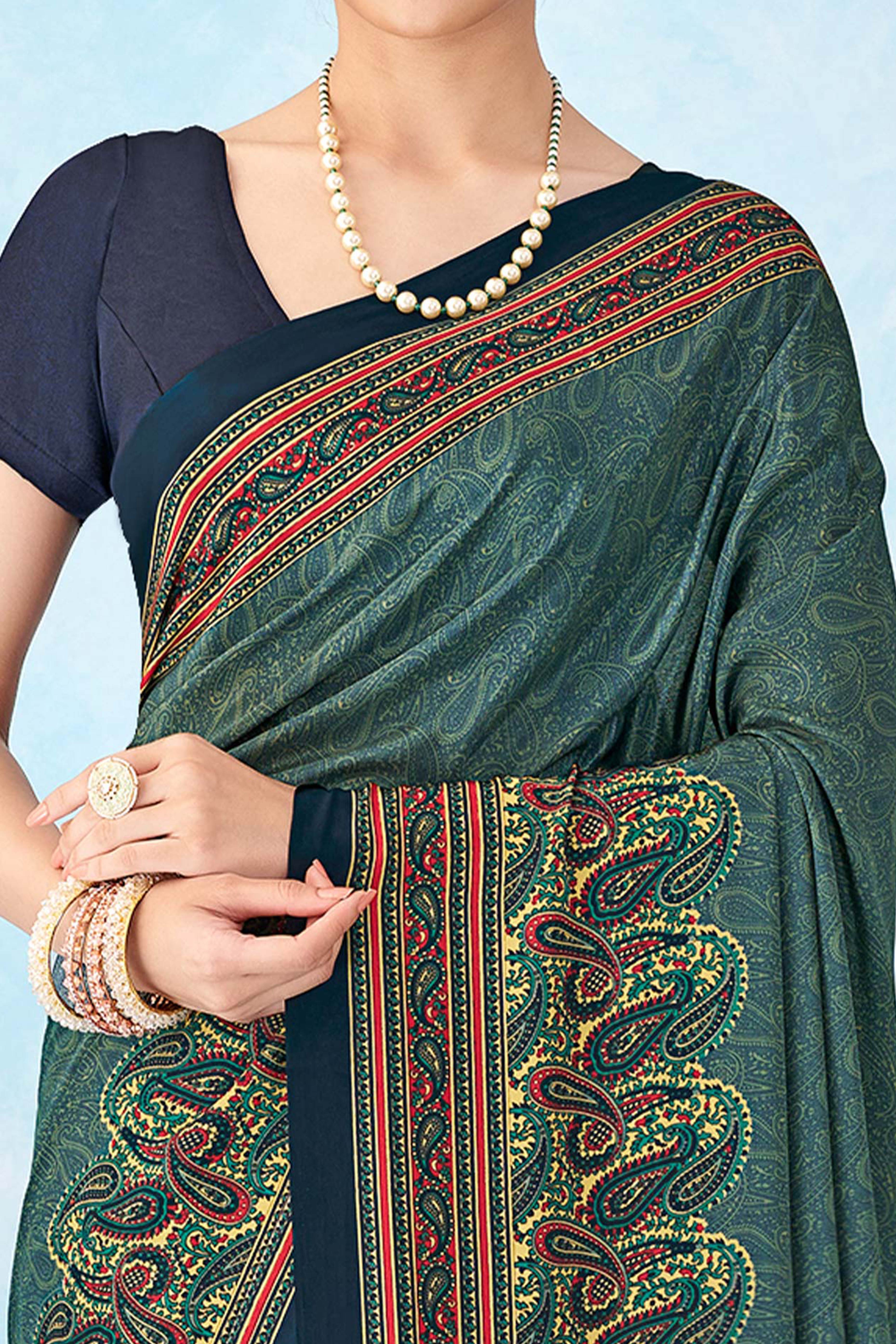 Lightweight Blue Paisley Printed Saree in Luxurious Silk Crepe