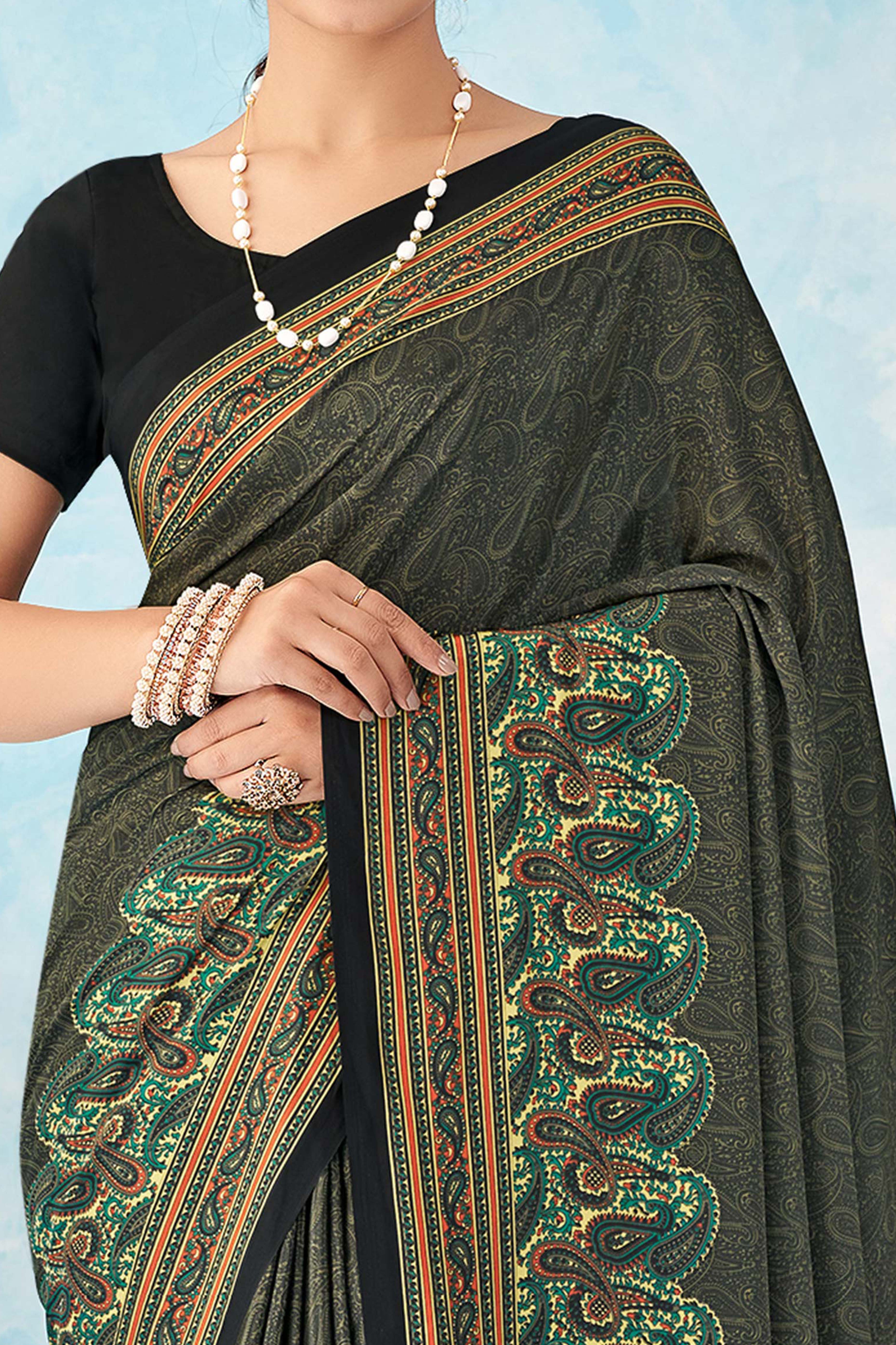 Lightweight Grey Paisley Printed Saree in Luxurious Silk Crepe