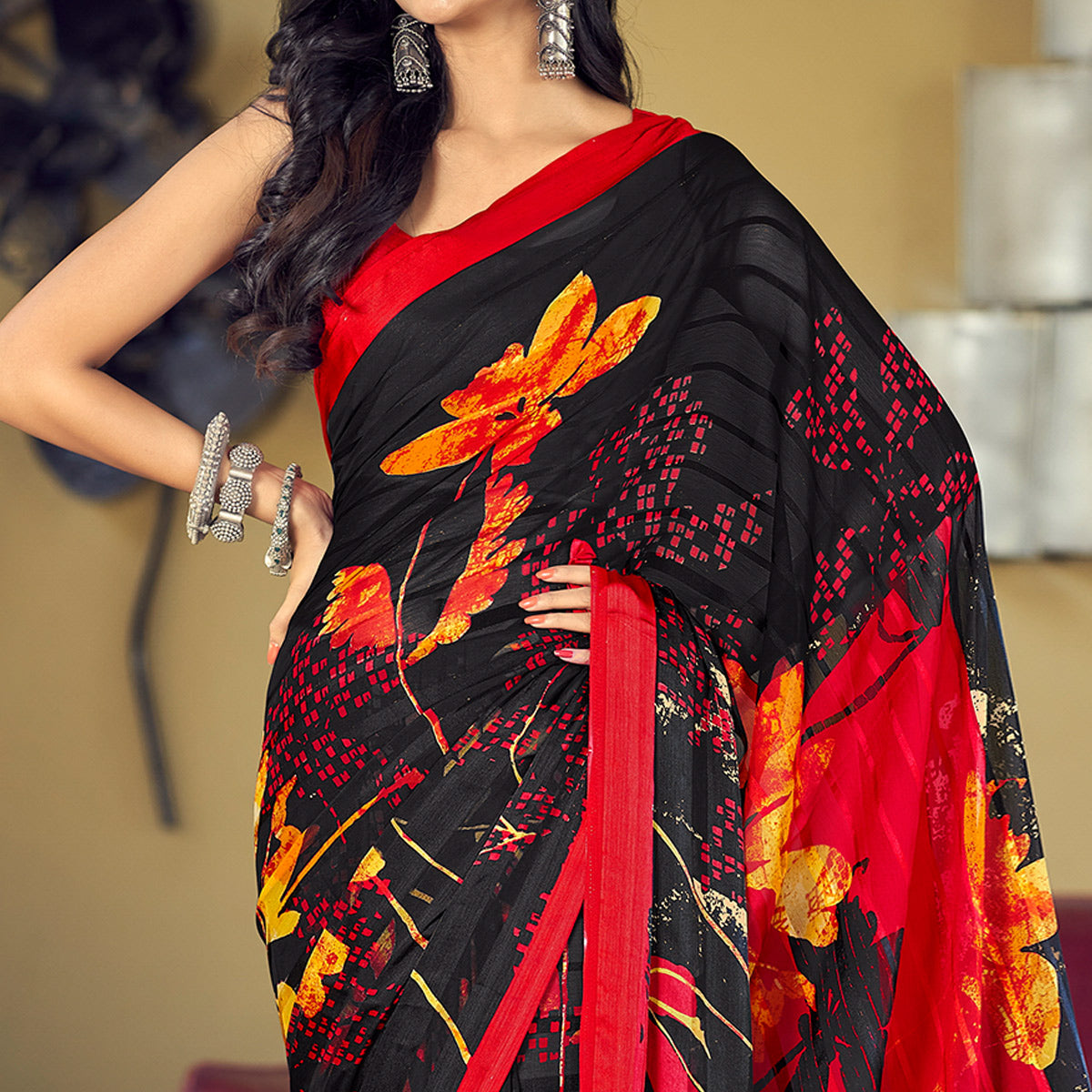 Black Floral Printed Satin Saree