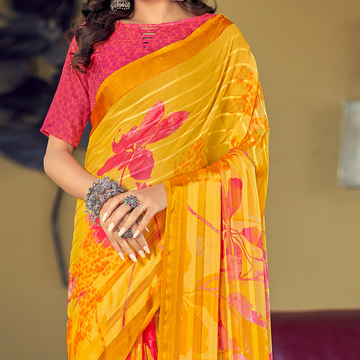 Yellow Floral Printed Satin Saree