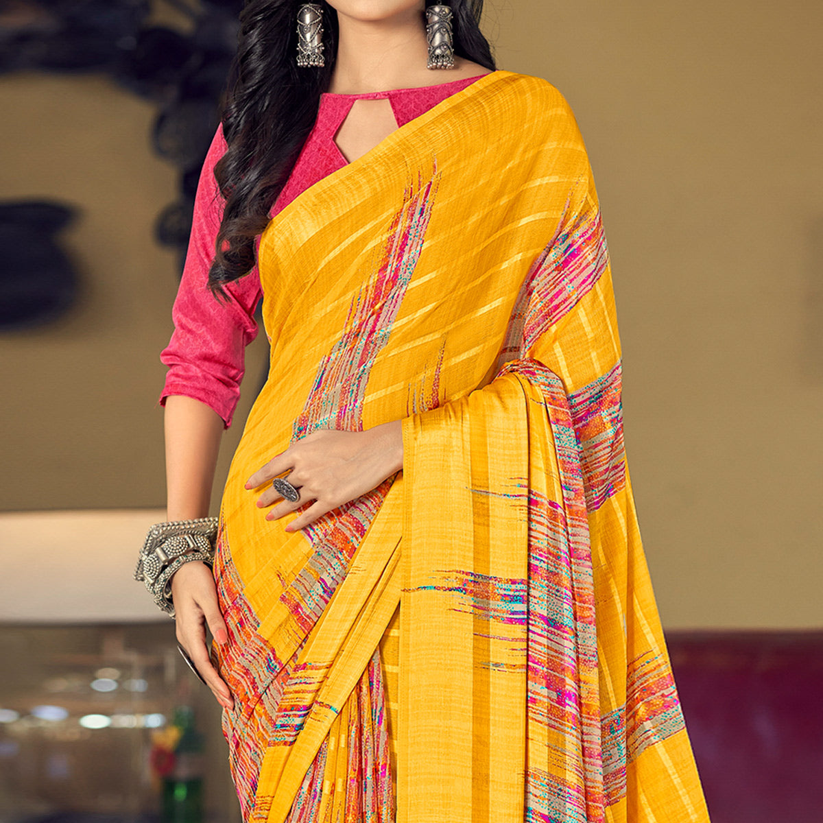 Yellow Striped Printed Satin Saree