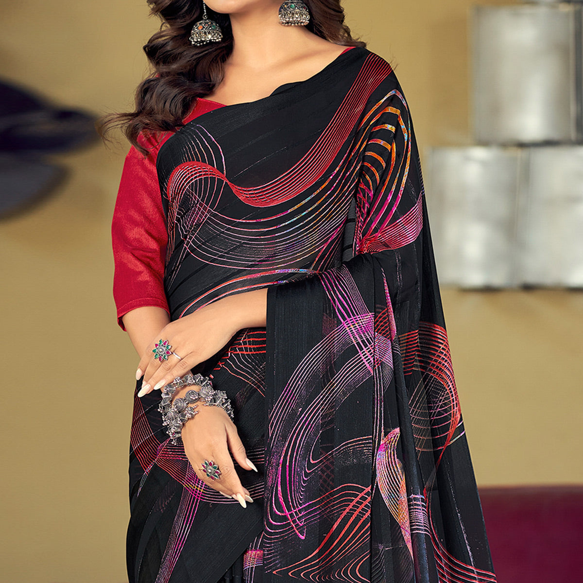 Black Printed Satin Saree