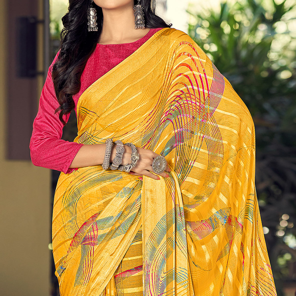 Yellow Printed Satin Saree