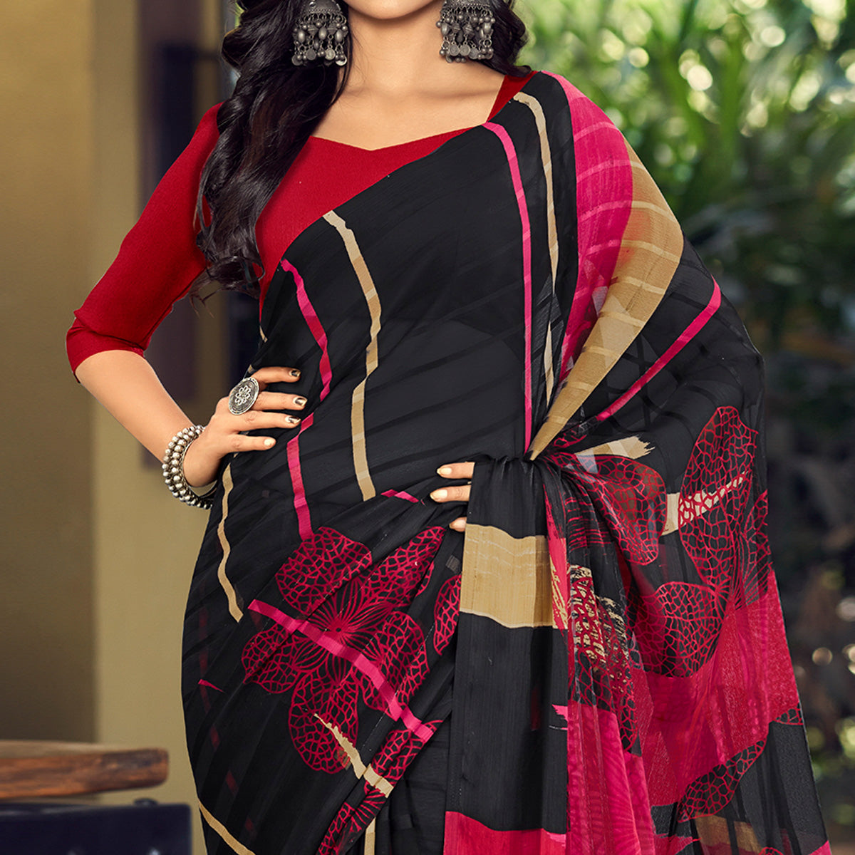 Black Floral Printed Satin Saree