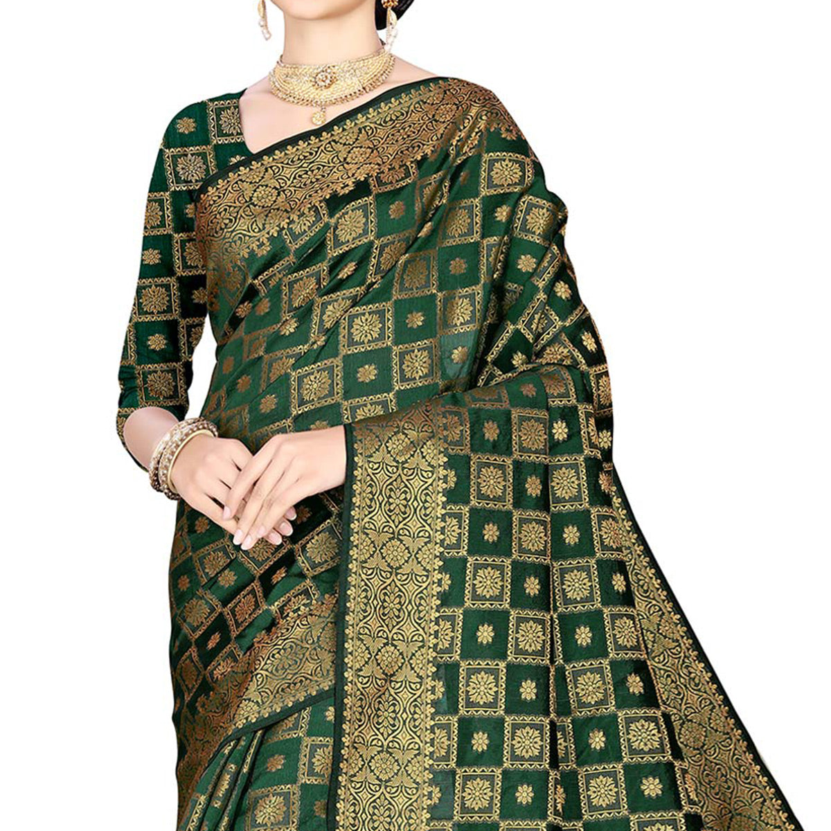 Green Floral Woven Jacquard Saree