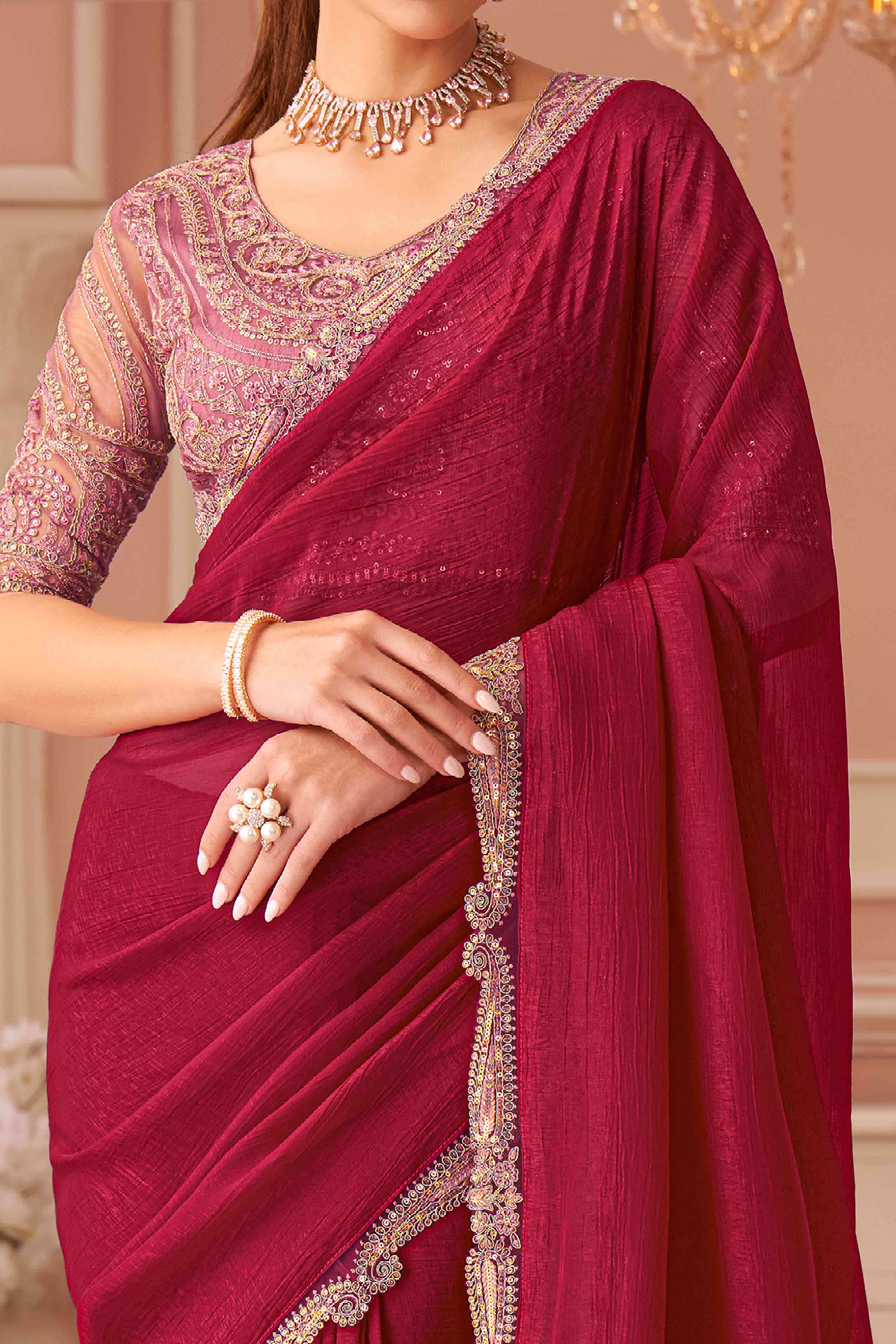 Rose Pink Sequins Embroidered Georgette Saree