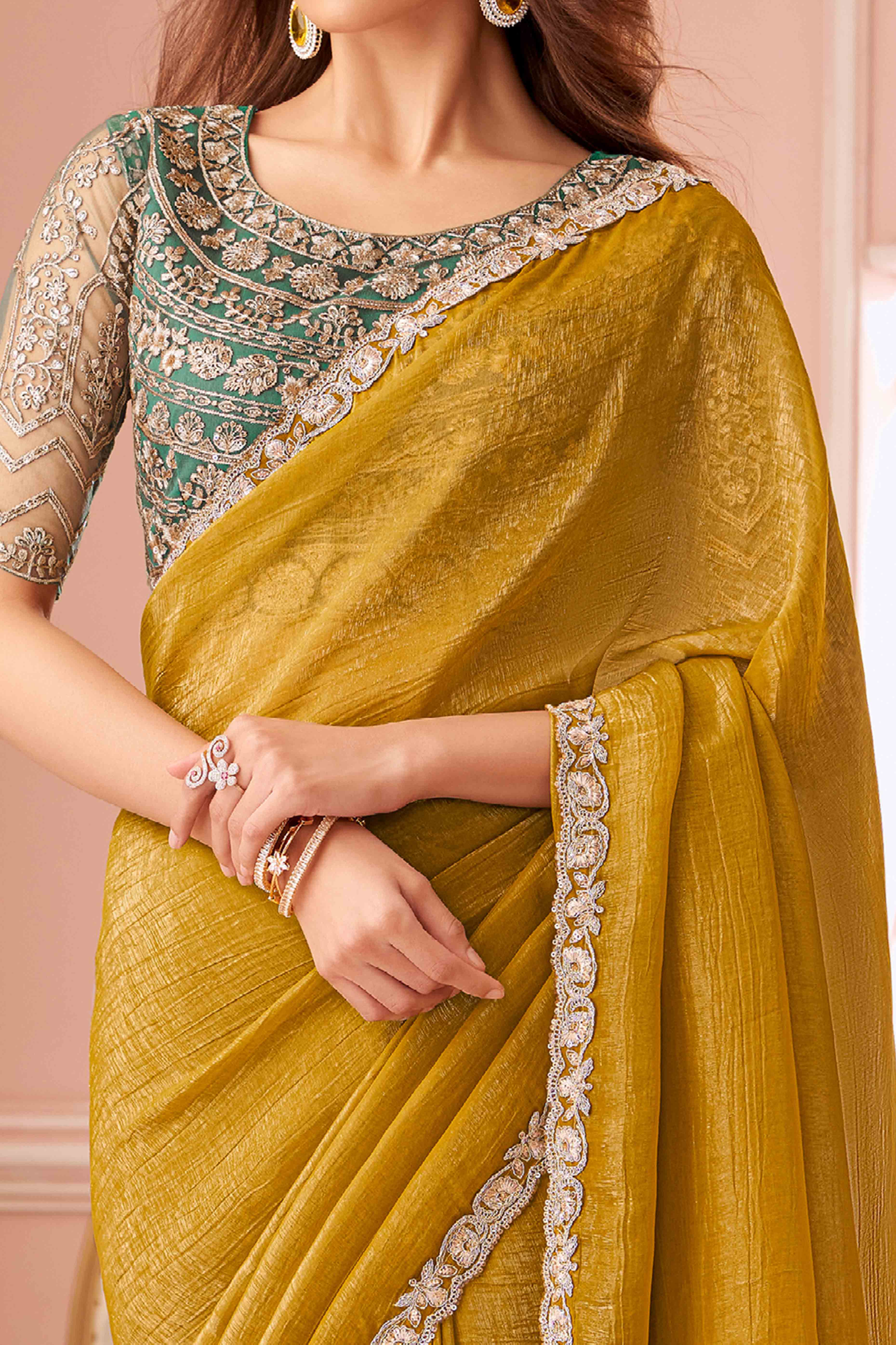 Mustard Sequins Embroidered Georgette Saree