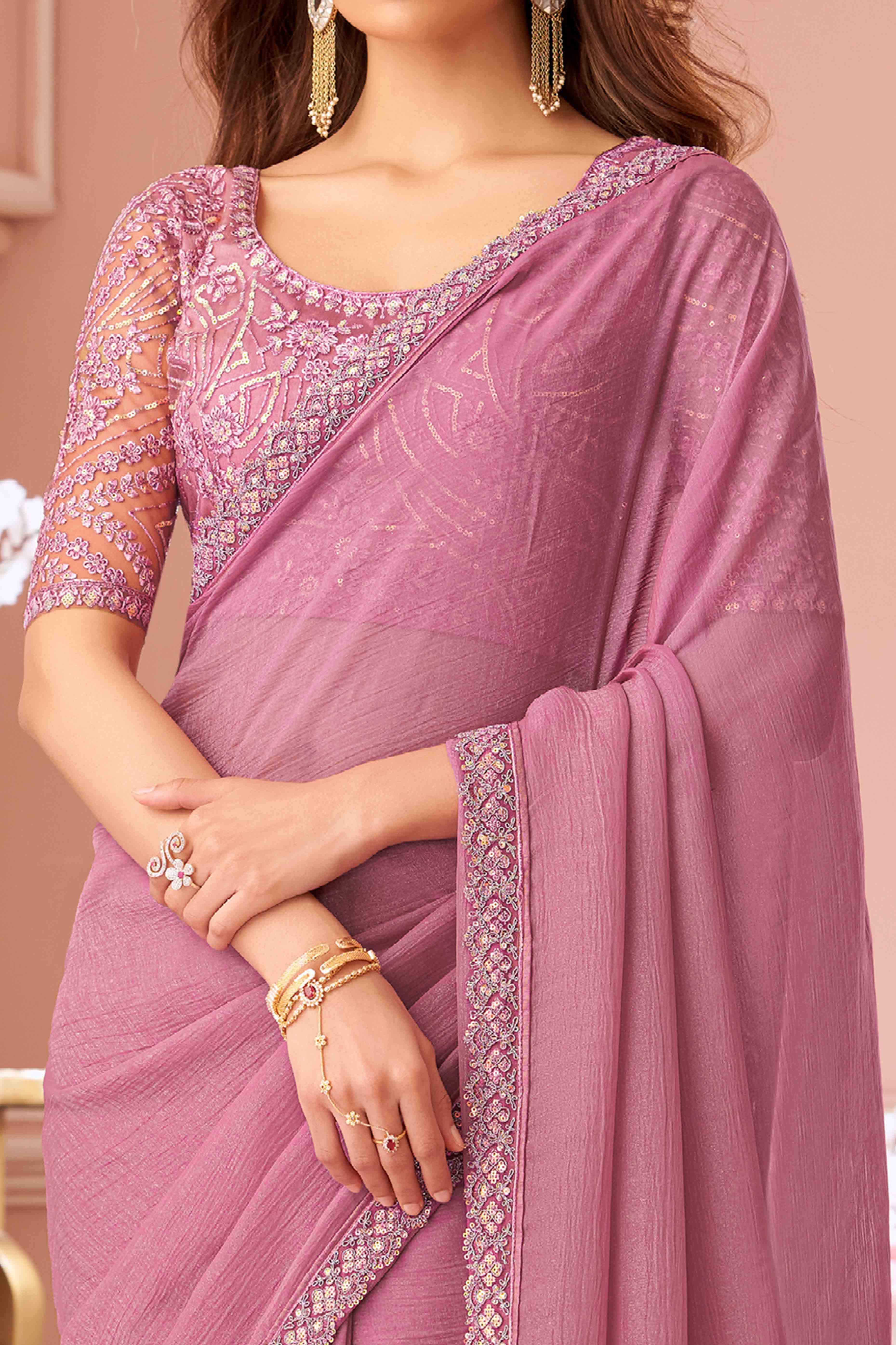 Dusty Pink Sequins Embroidered Georgette Saree