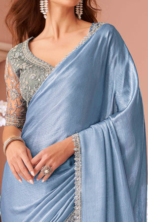 Sky Blue Sequins Embroidered Chiffon Saree