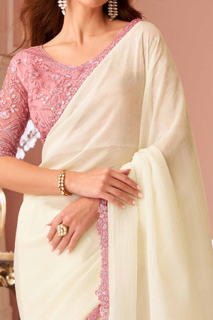 Off White Sequins Embroidered Georgette Saree