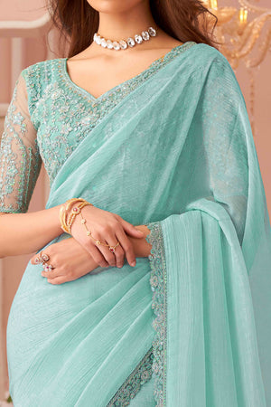 Turquoise Sequins Embroidered Georgette Saree