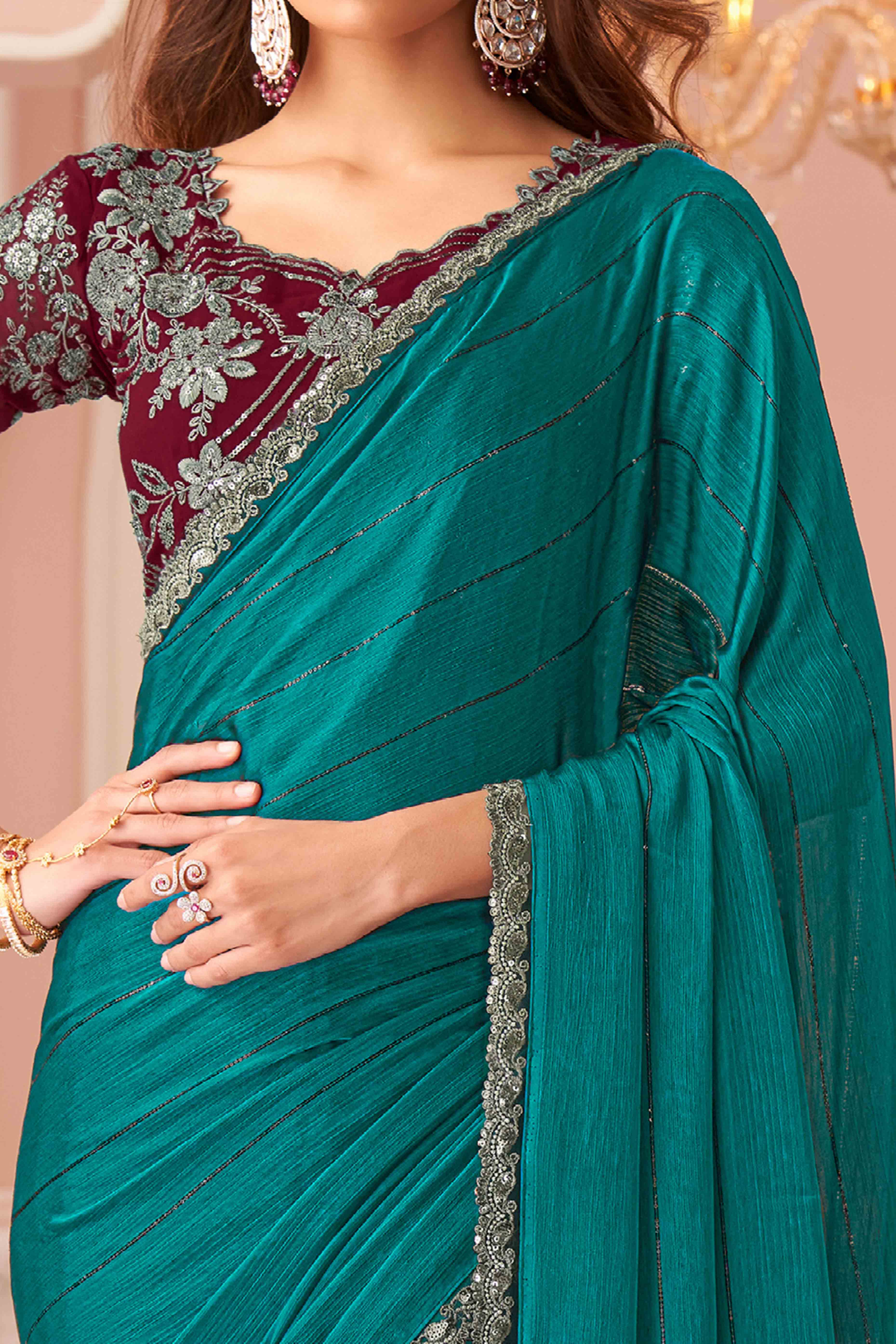 Teal Sequins Embroidered Satin Saree