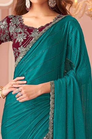 Teal Sequins Embroidered Satin Saree