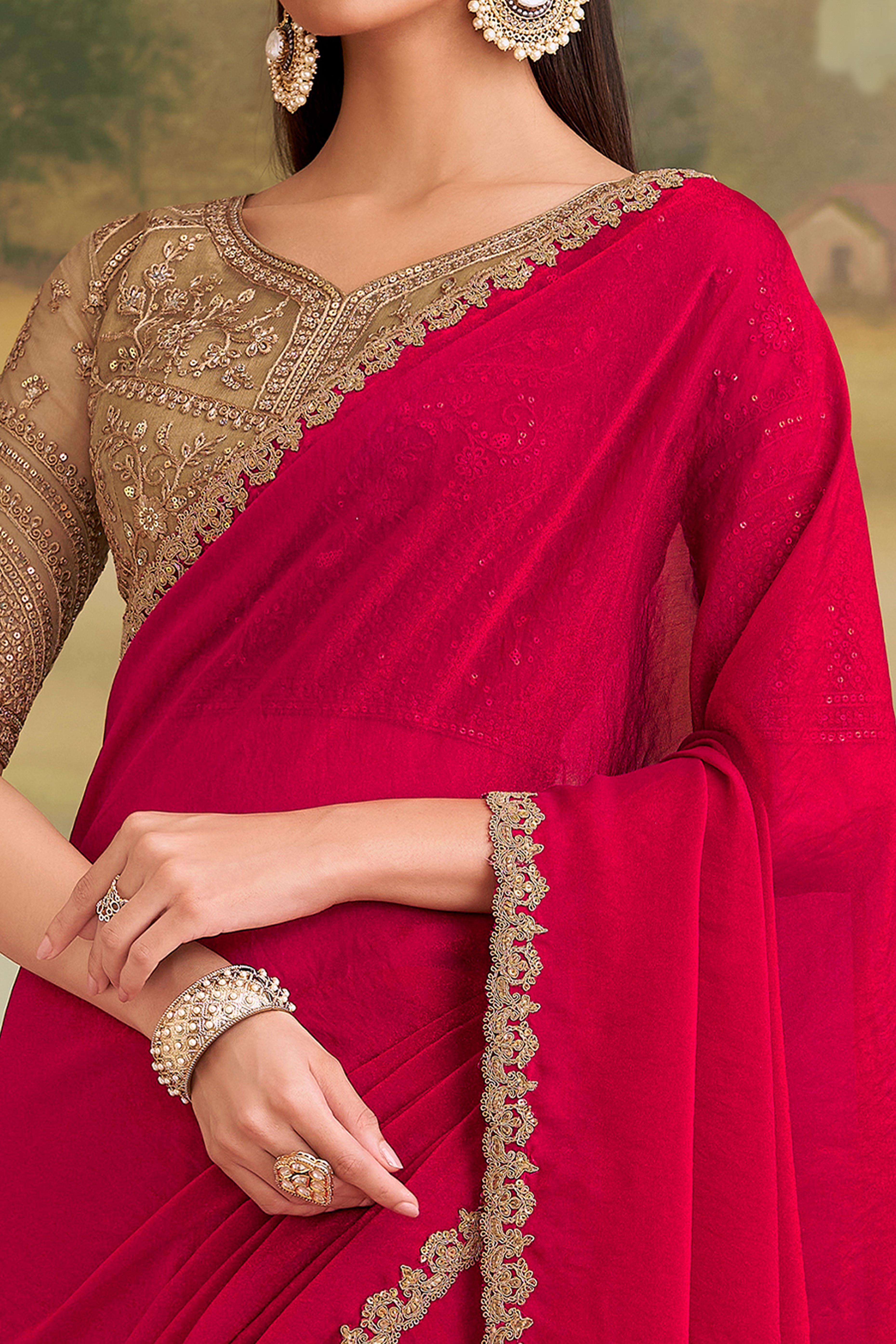 Radiant Cherry Red Shining Georgette Saree Adorned With Floral Sequins Embroidered Lace Border