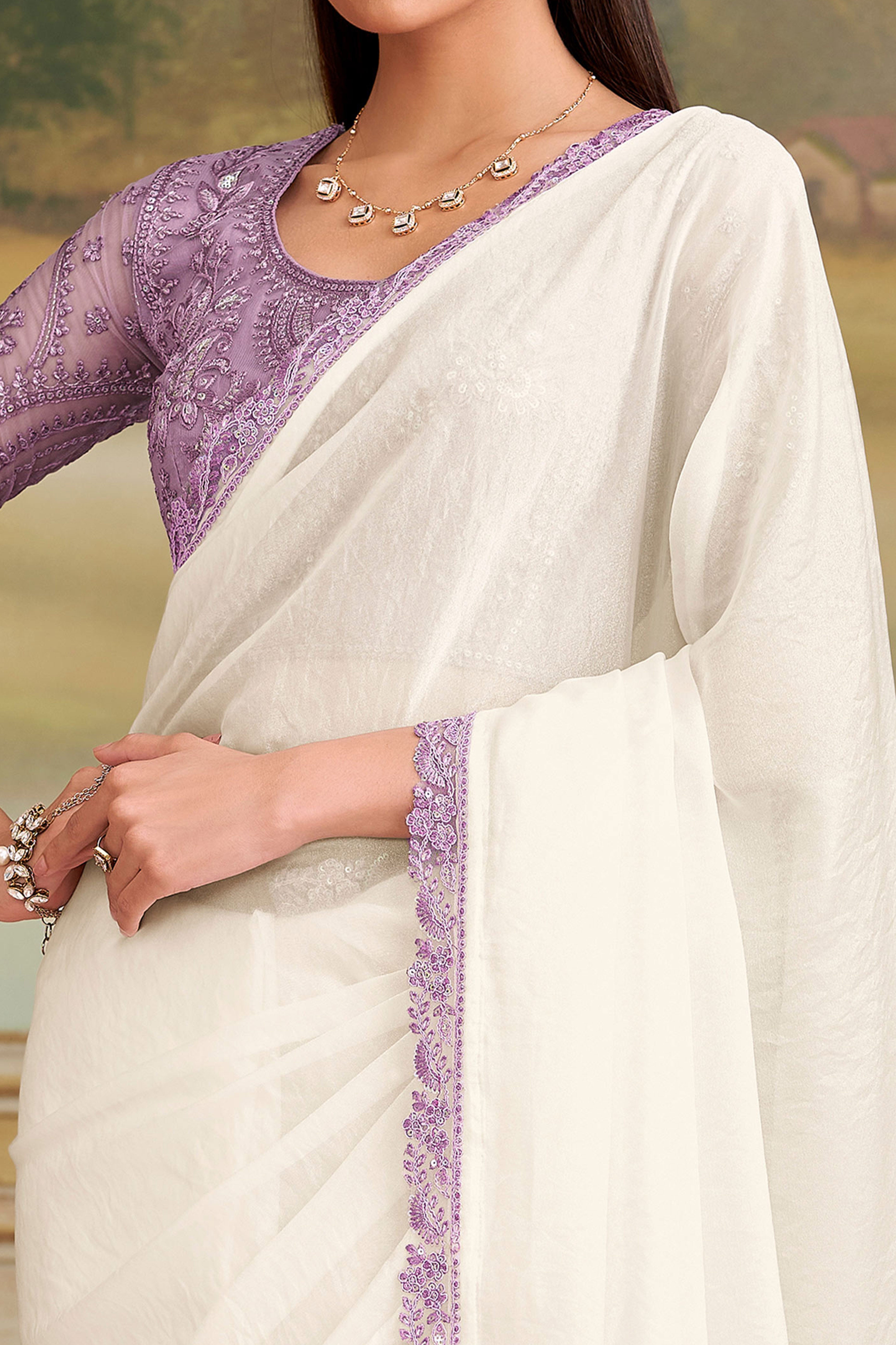 Elegant White Sparkle Georgette Saree Adorned With Floral Sequins Embroidered Lace Border Work