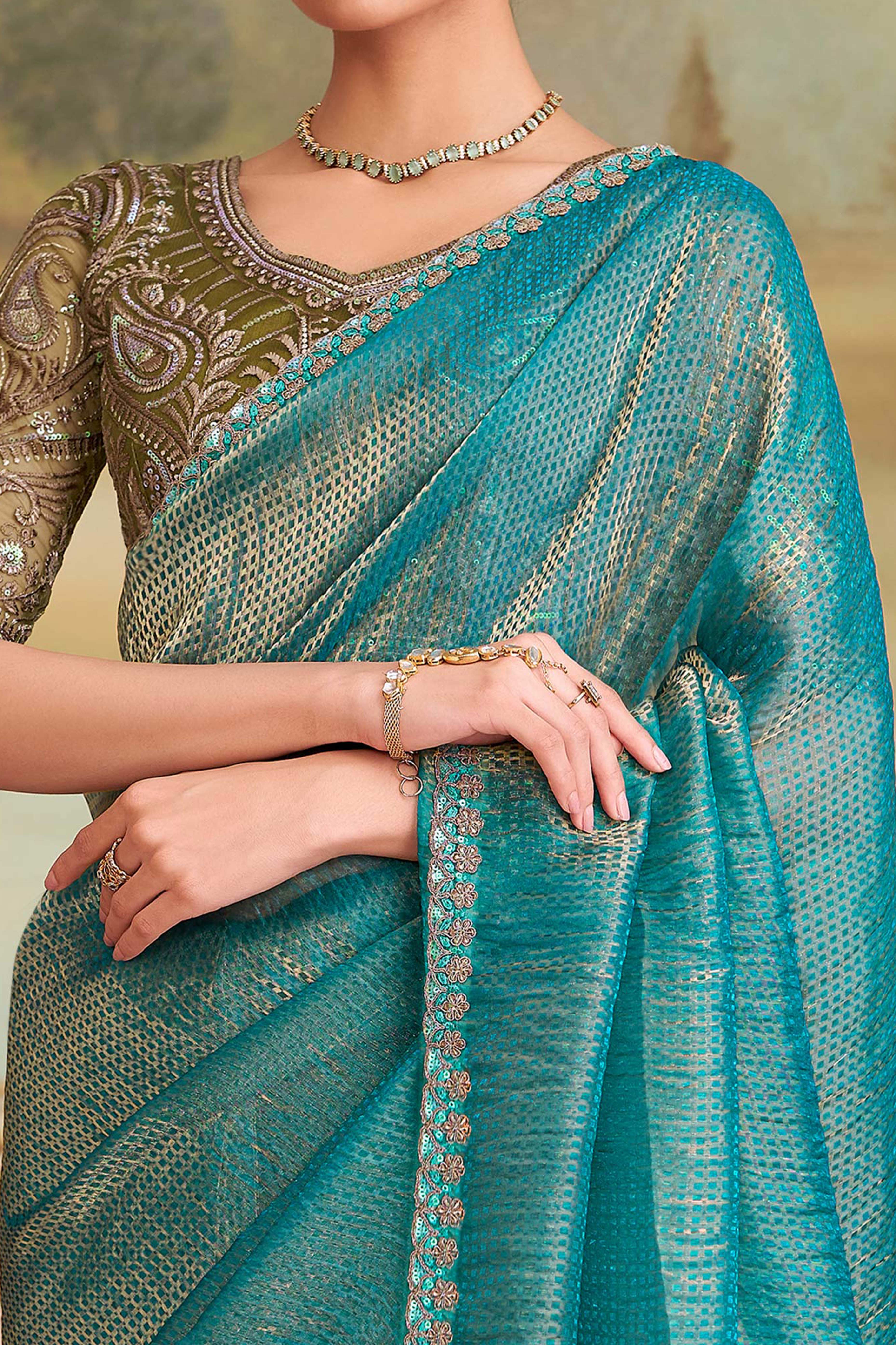 Charming Golden Blue Checked Georgette Saree Embellished With Floral Sequins Embroidered Lace Border