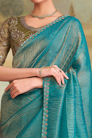 Charming Golden Blue Checked Georgette Saree Embellished With Floral Sequins Embroidered Lace Border