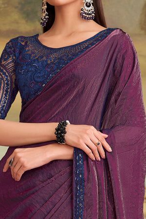 Opulent Wine Shade Twilight Georgette Saree Adorned With Floral Sequins Embroidered Lace Border
