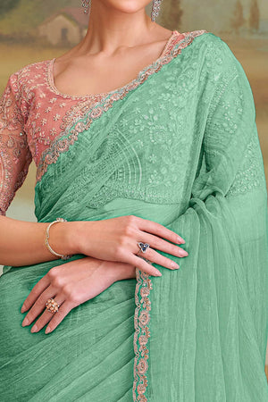 Stylish Sea Green Tissue Crush Georgette Saree Featuring Floral Sequins Embroidered Lace Border