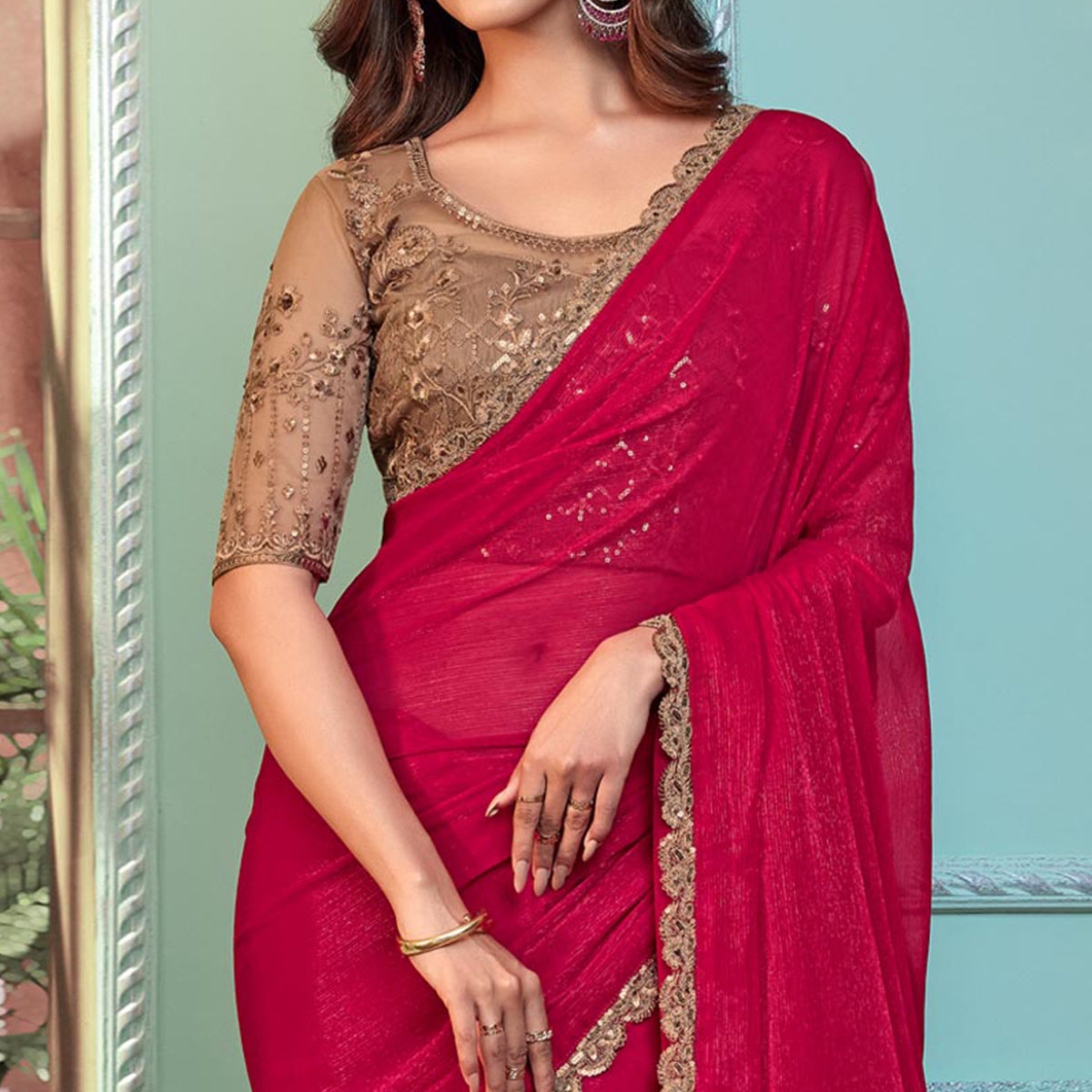 Rose Pink Embroidered Georgette Designer Saree