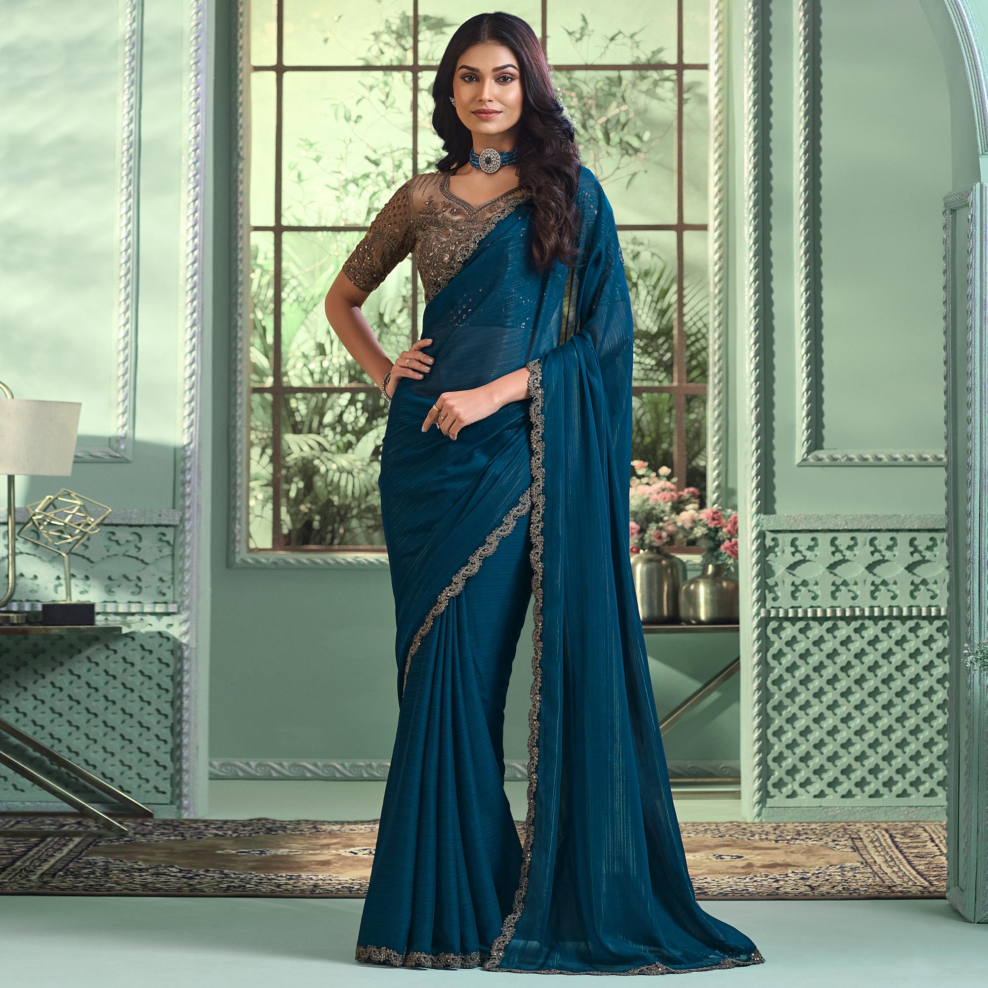 Teal Embroidered Georgette Designer Saree