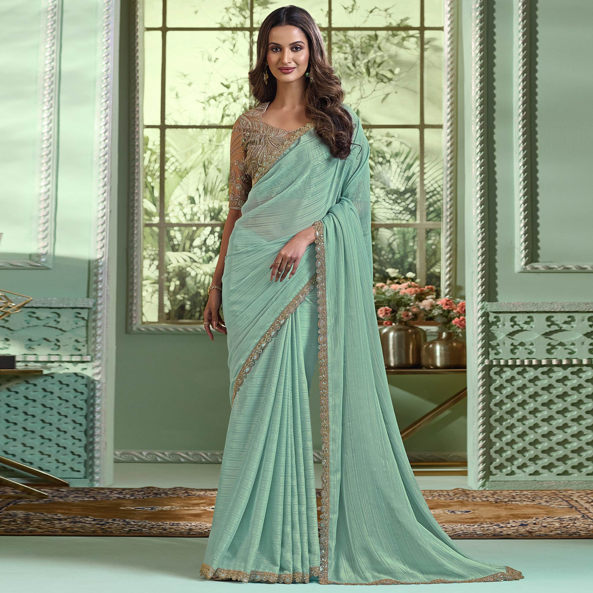 Sea Green Embroidered Chiffon Designer Saree