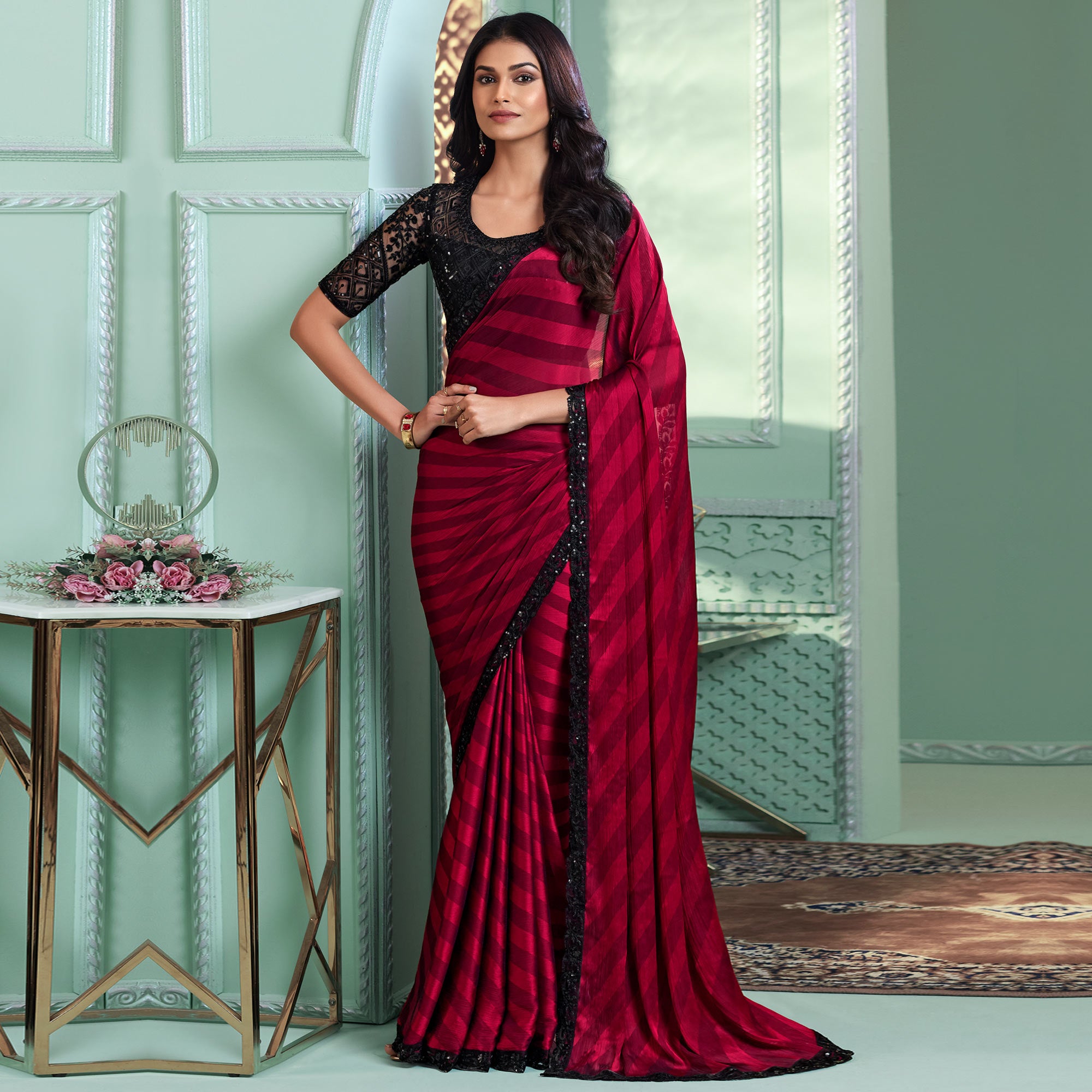 Magenta Embroidered Satin Designer Saree