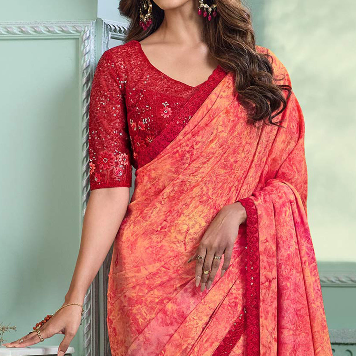 Peach Embroidered Chiffon Designer Saree