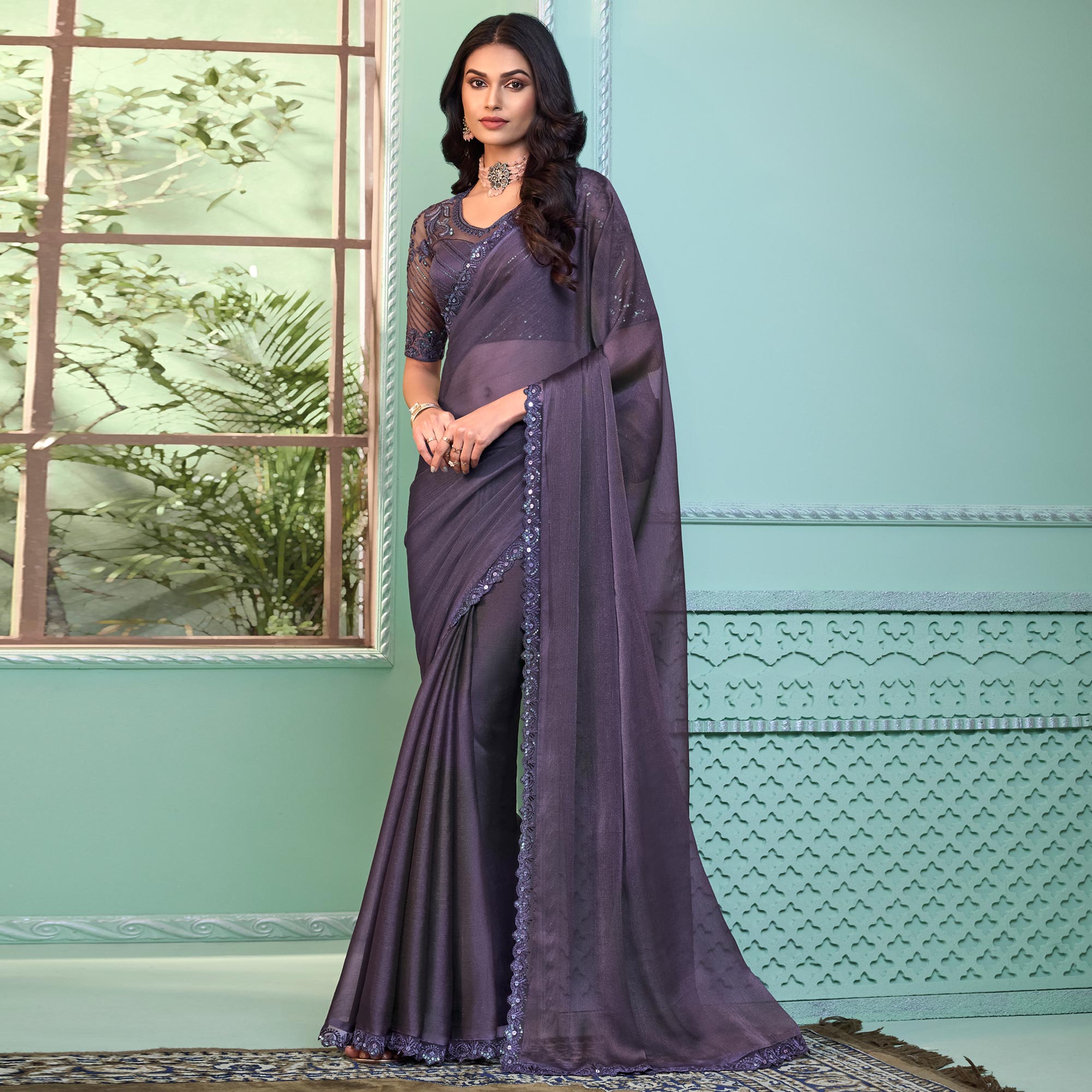 Purple Embroidered Georgette Designer Saree