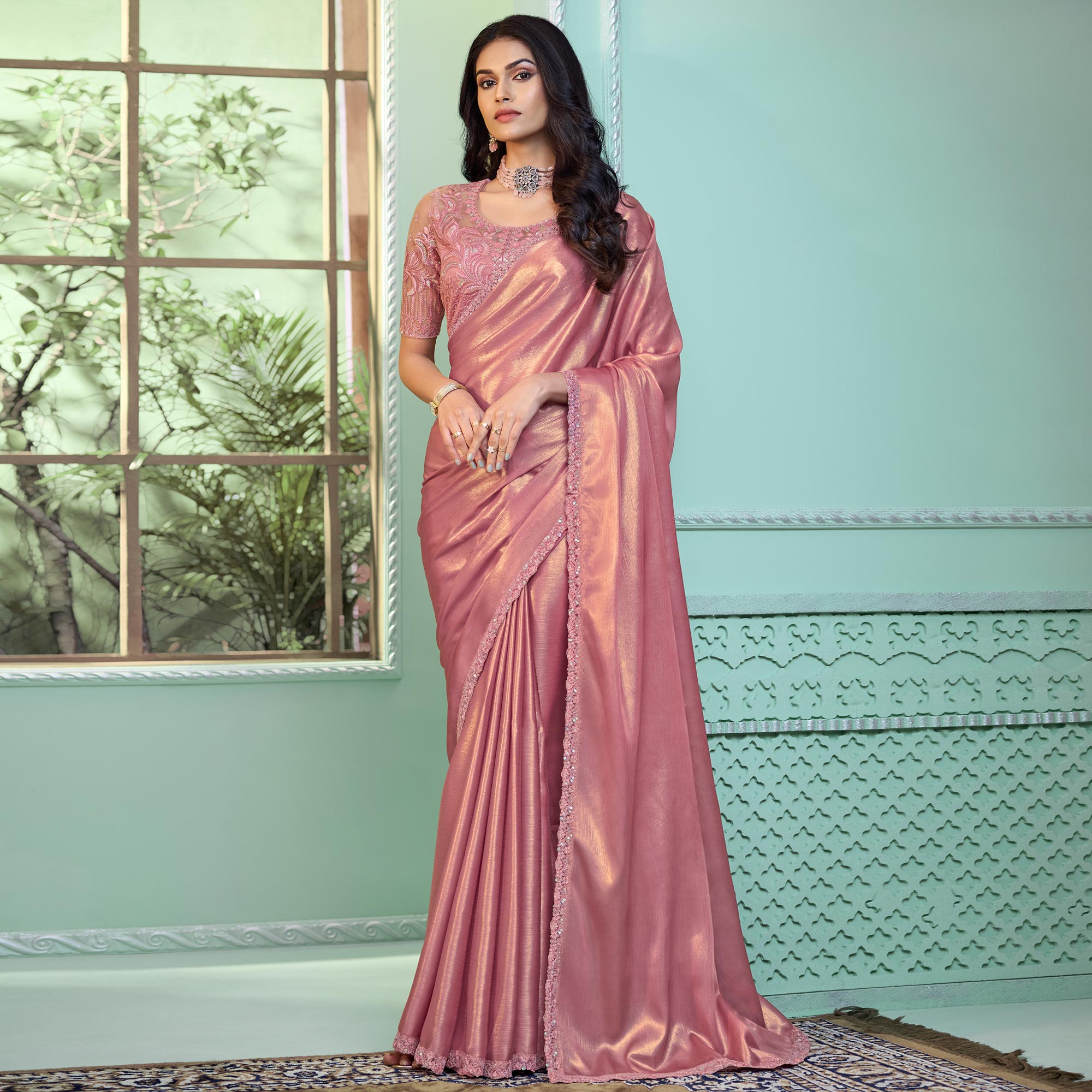 Dusty Peach Embroidered Georgette Designer Saree