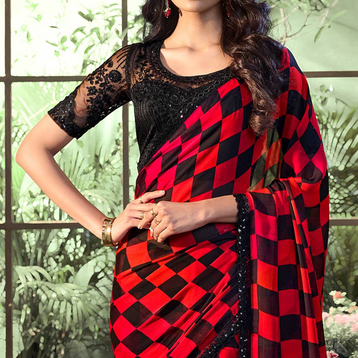 Red & Black Embroidered Chiffon Designer Saree