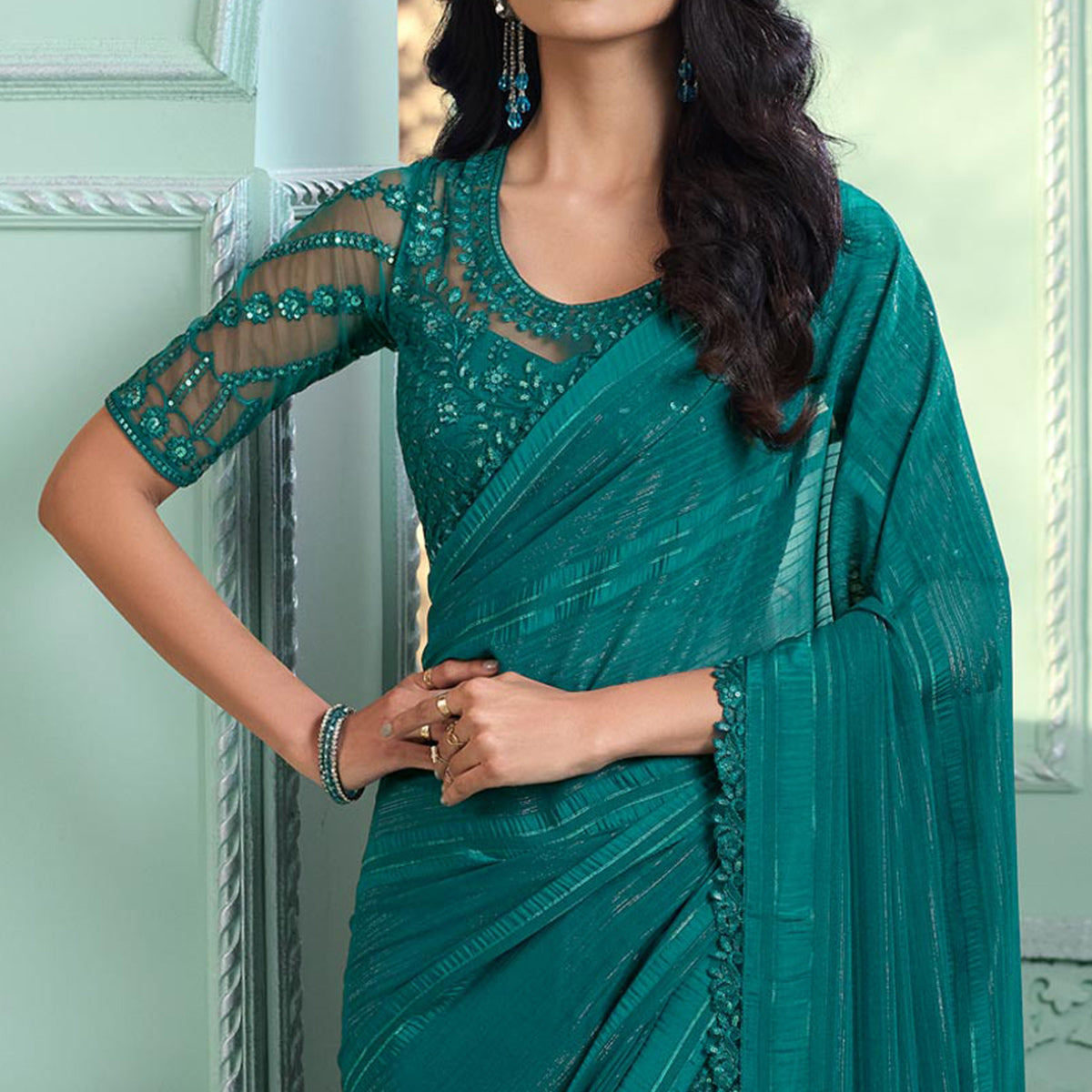 Teal Green Embroidered Chiffon Designer Saree