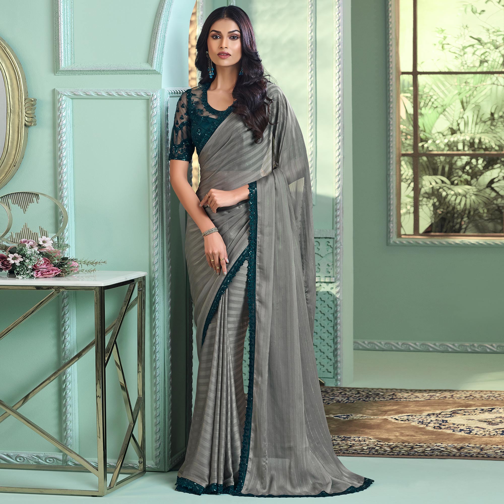 Grey Embroidered Georgette Designer Saree