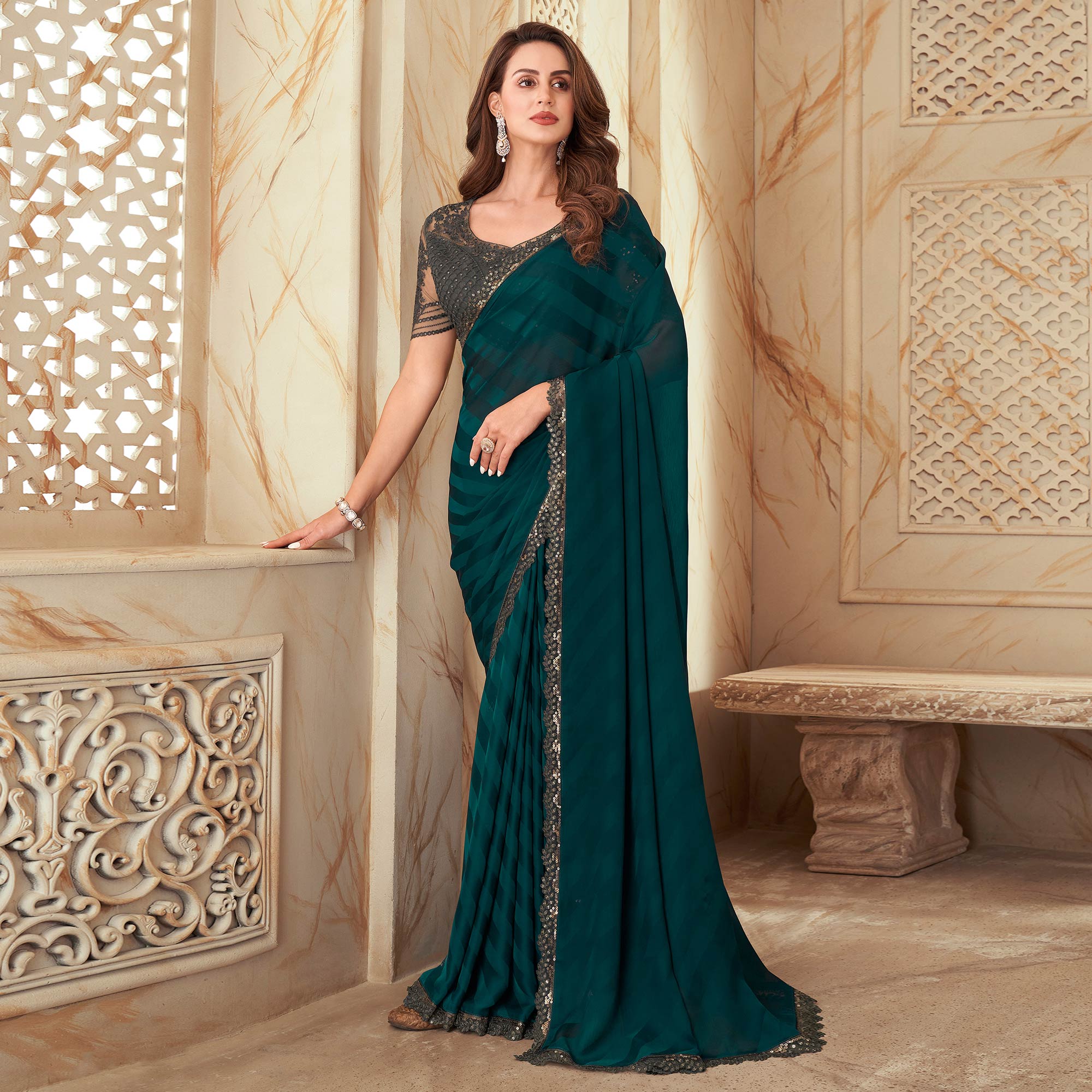 Bottle Green Sequins Embroidered Satin Silk Saree