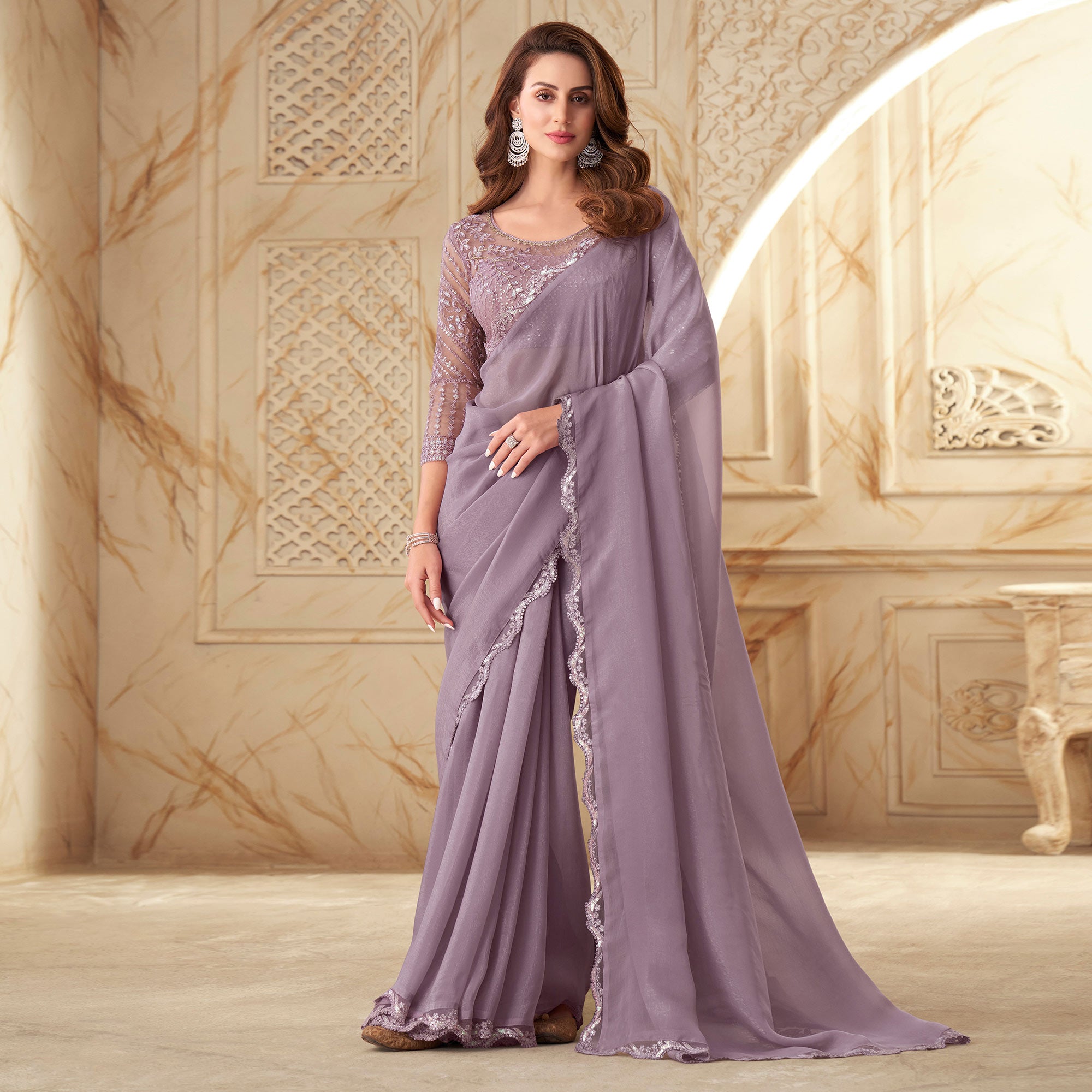 Lavender Sequins Embroidered Georgette Saree