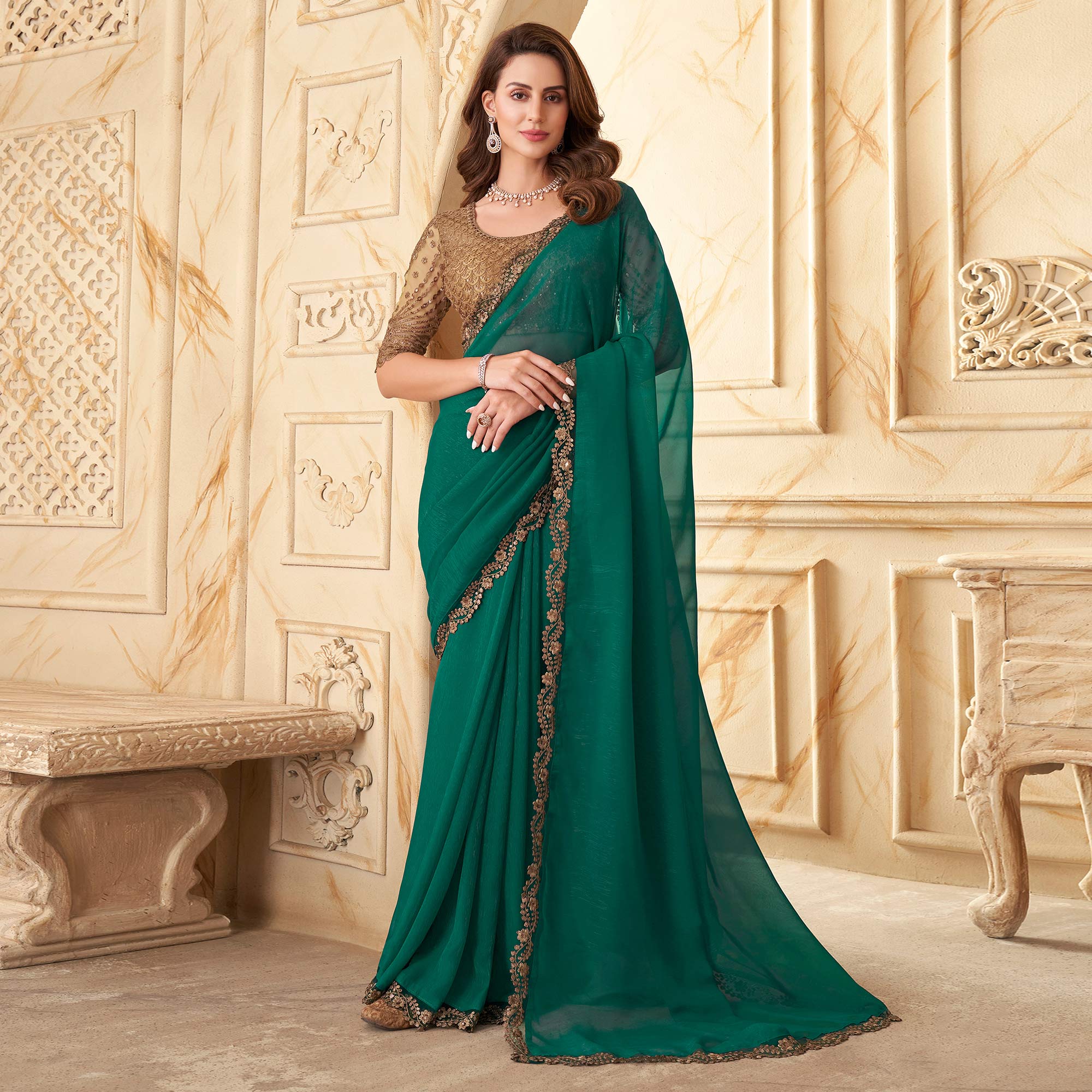 Green Sequins Embroidered Satin Silk Saree