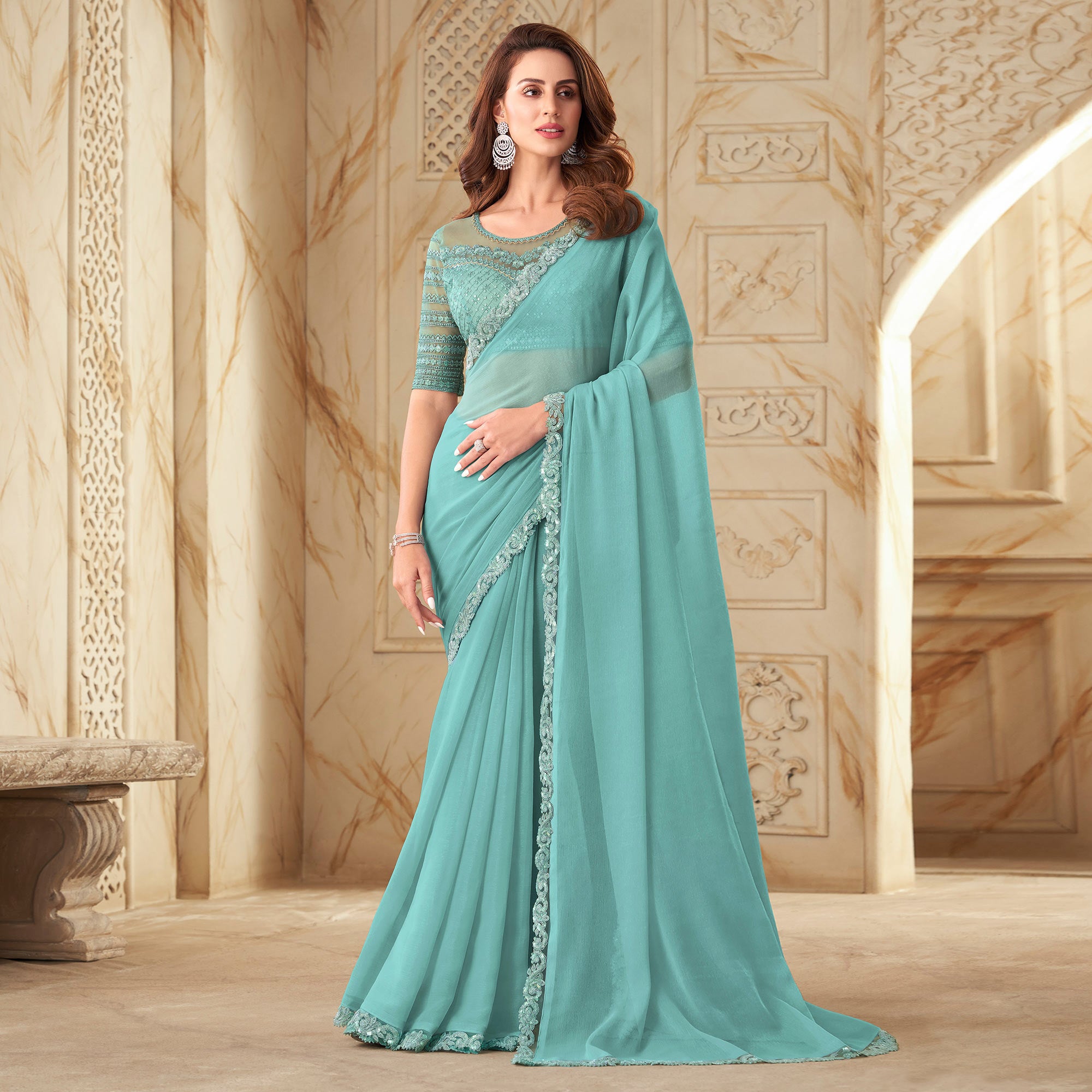 Turquoise Sequins Embroidered Georgette Saree
