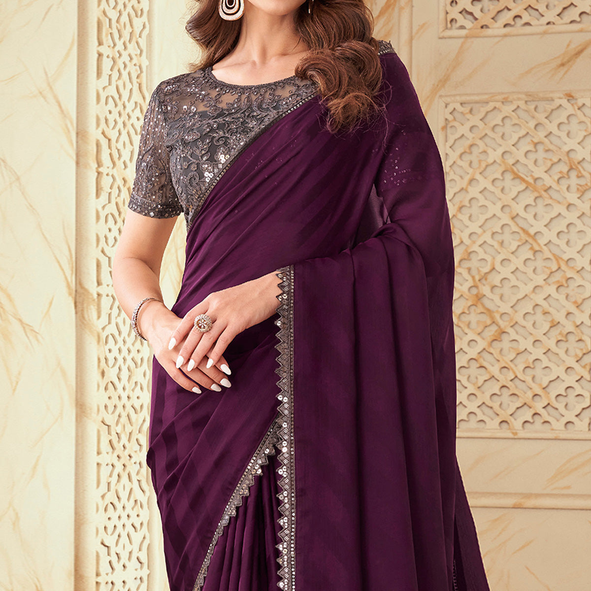 Wine Sequins Embroidered Satin Silk Saree