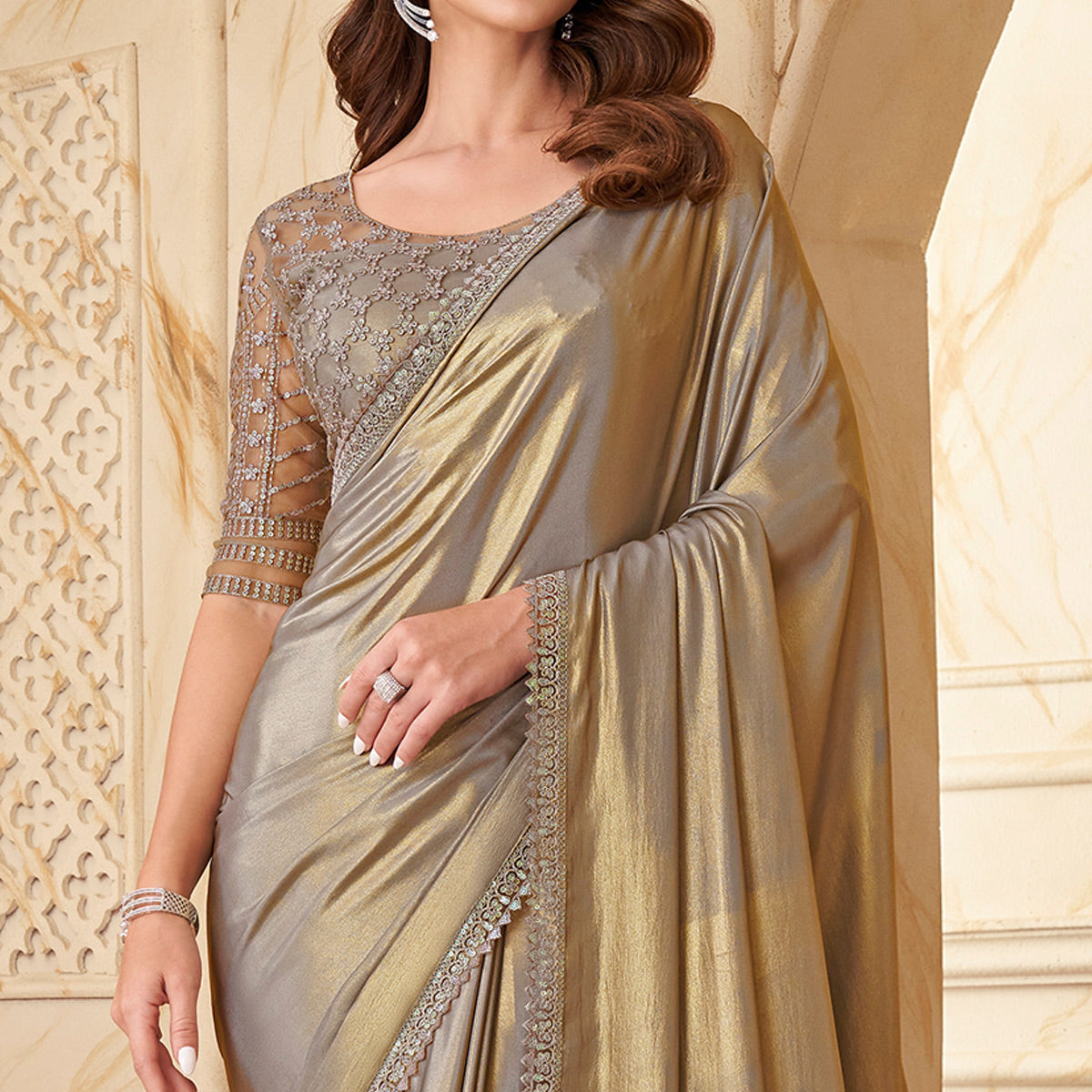 Beige Sequins Embroidered Satin Silk Saree