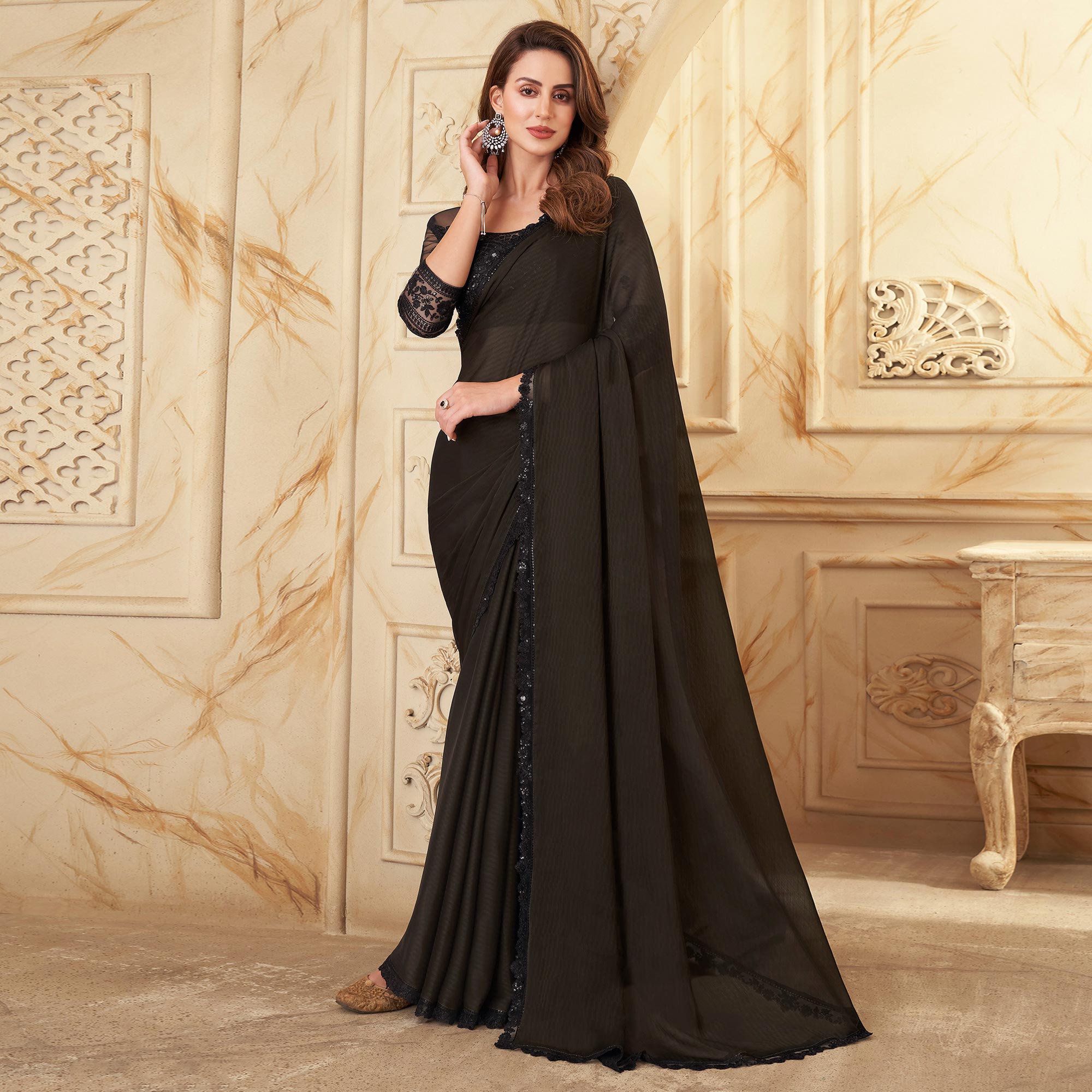 Black Sequins Embroidered Georgette Saree