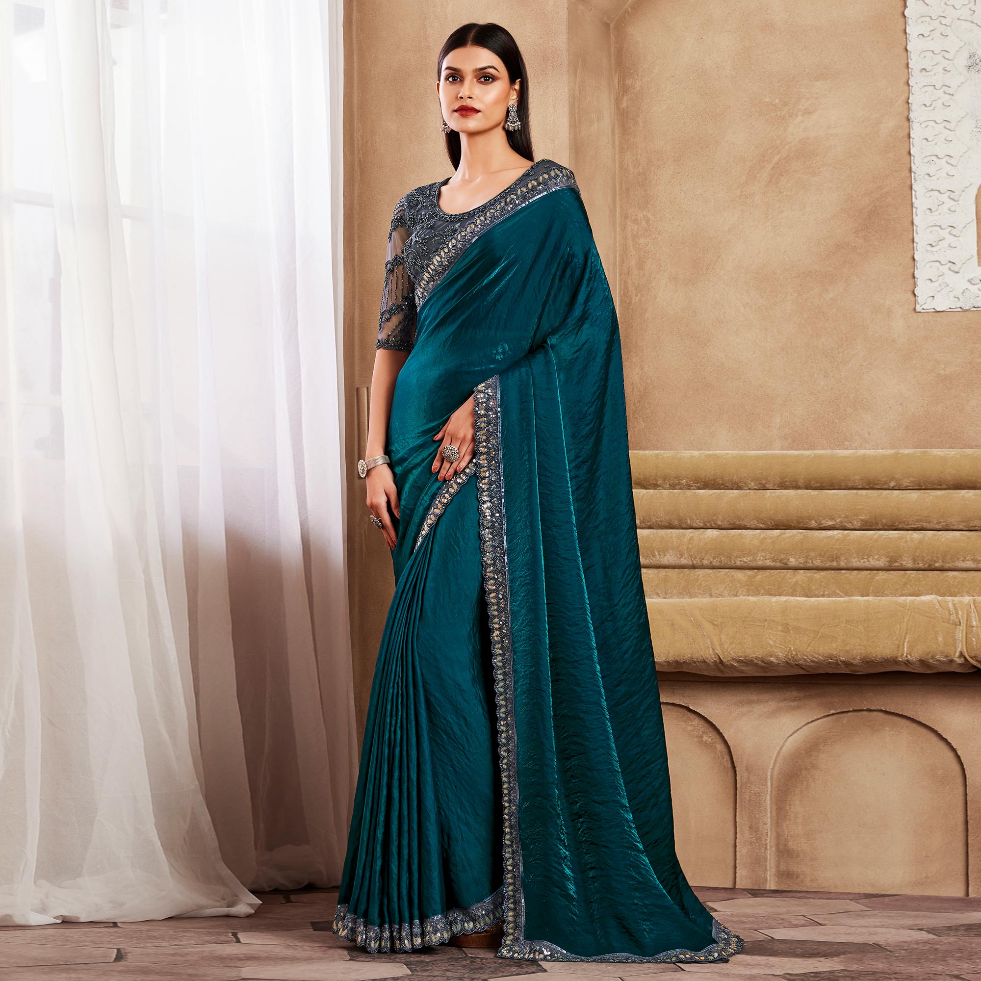 Rama Green Sequins Embroidered Satin Silk Saree