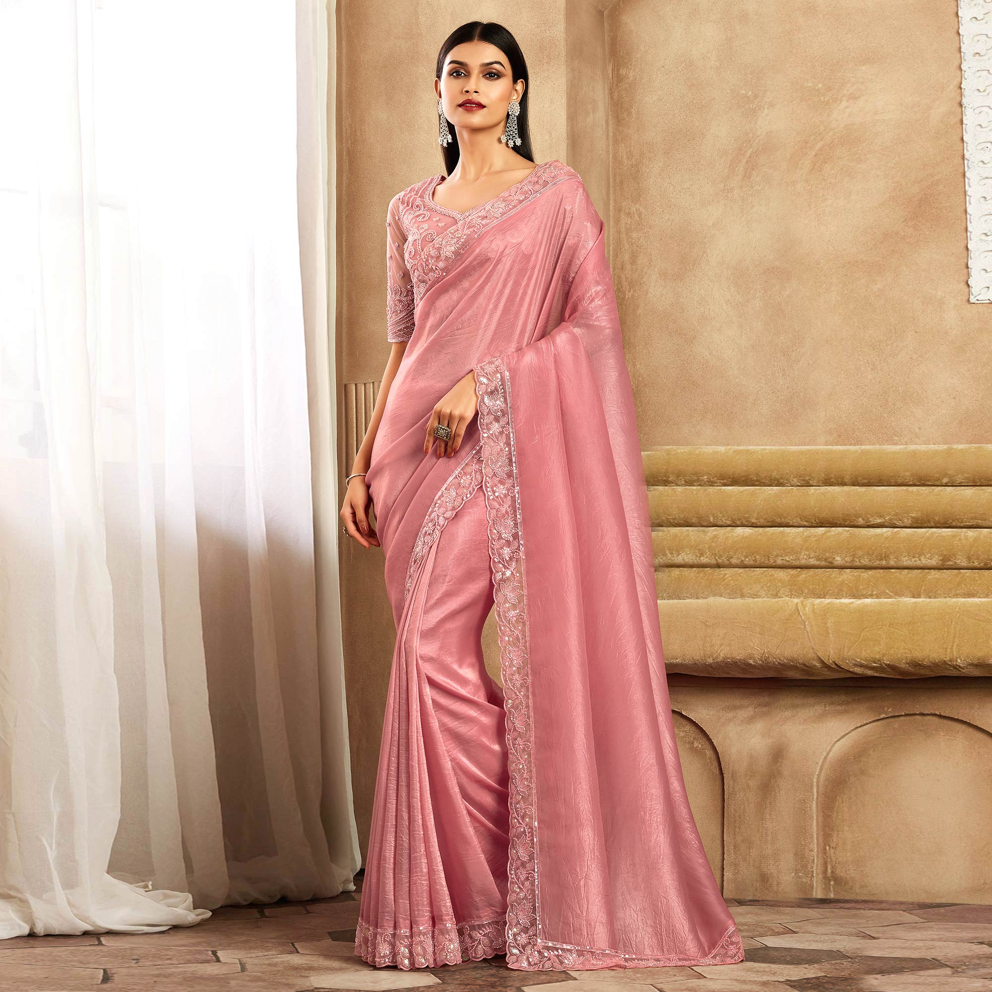 Pink Sequins Embroidered Satin Silk Saree