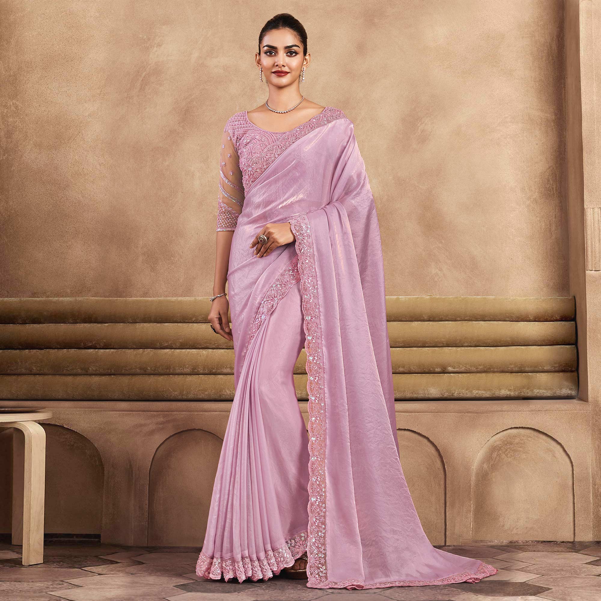 Light Pink Sequins Embroidered Satin Silk Saree