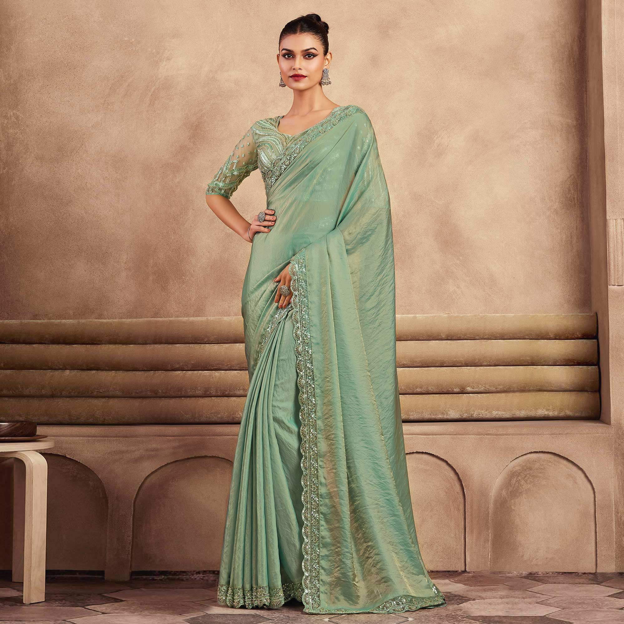 Sea Green Sequins Embroidered Satin Silk Saree