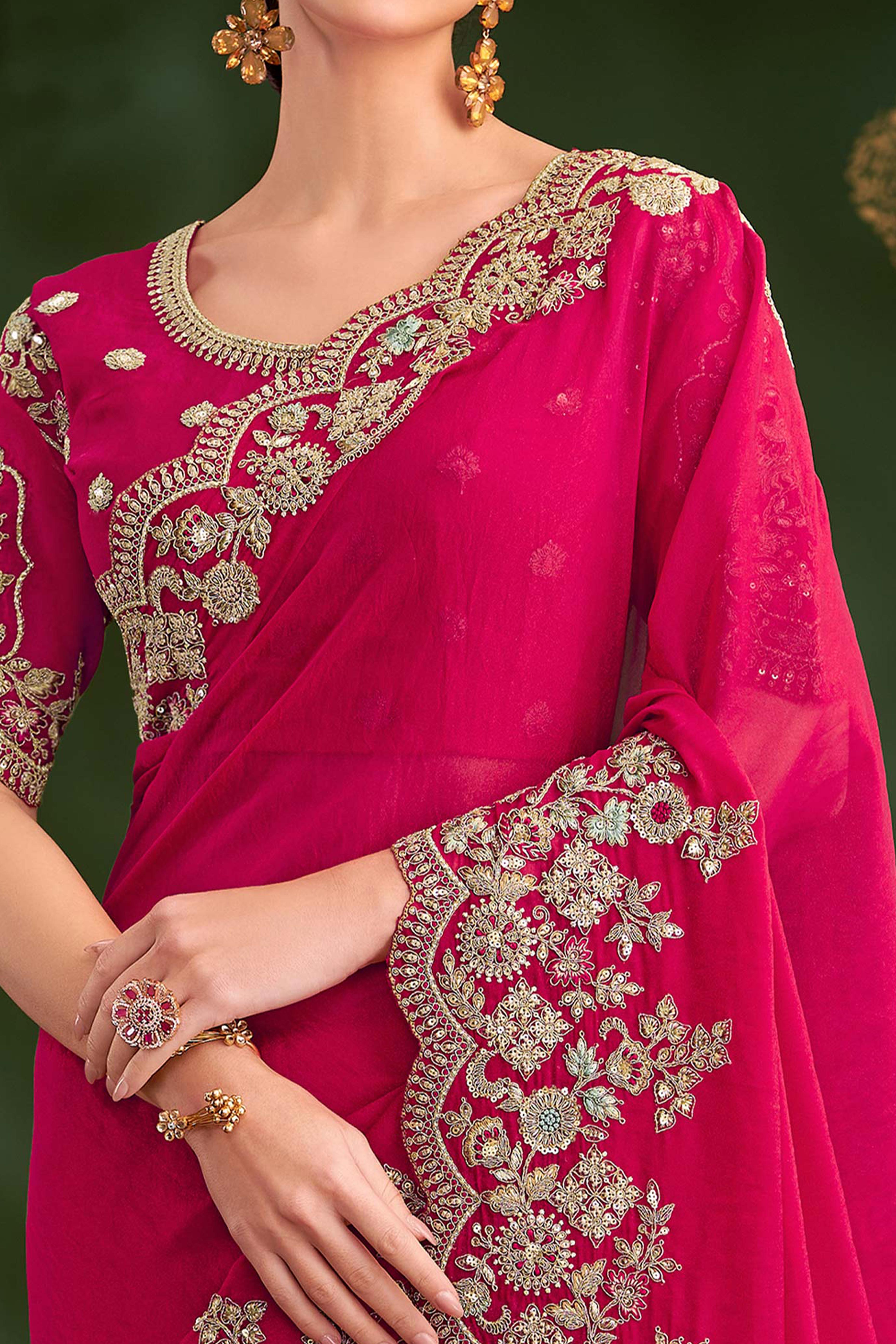 Elegant Pink Georgette Saree Adorned With Floral Cording Sequins Embroidery & Cutwork Border