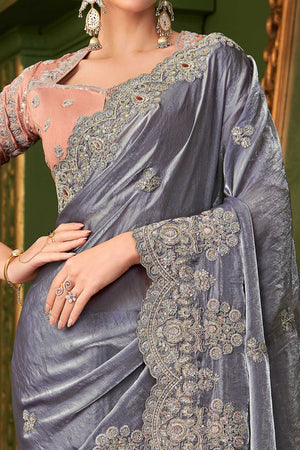 Stunning Bluish Grey Georgette Saree Adorned With Floral Cording Sequin Embroidery & Cutwork Border