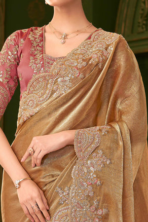 Designer Gold Georgette Saree Adorned With Floral Cording Sequins Embroidery & Cutwork Border