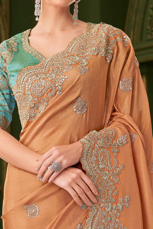 Premium Orange Georgette Saree Adorned With Floral Cording Sequins Embroidery & Cutwork Border